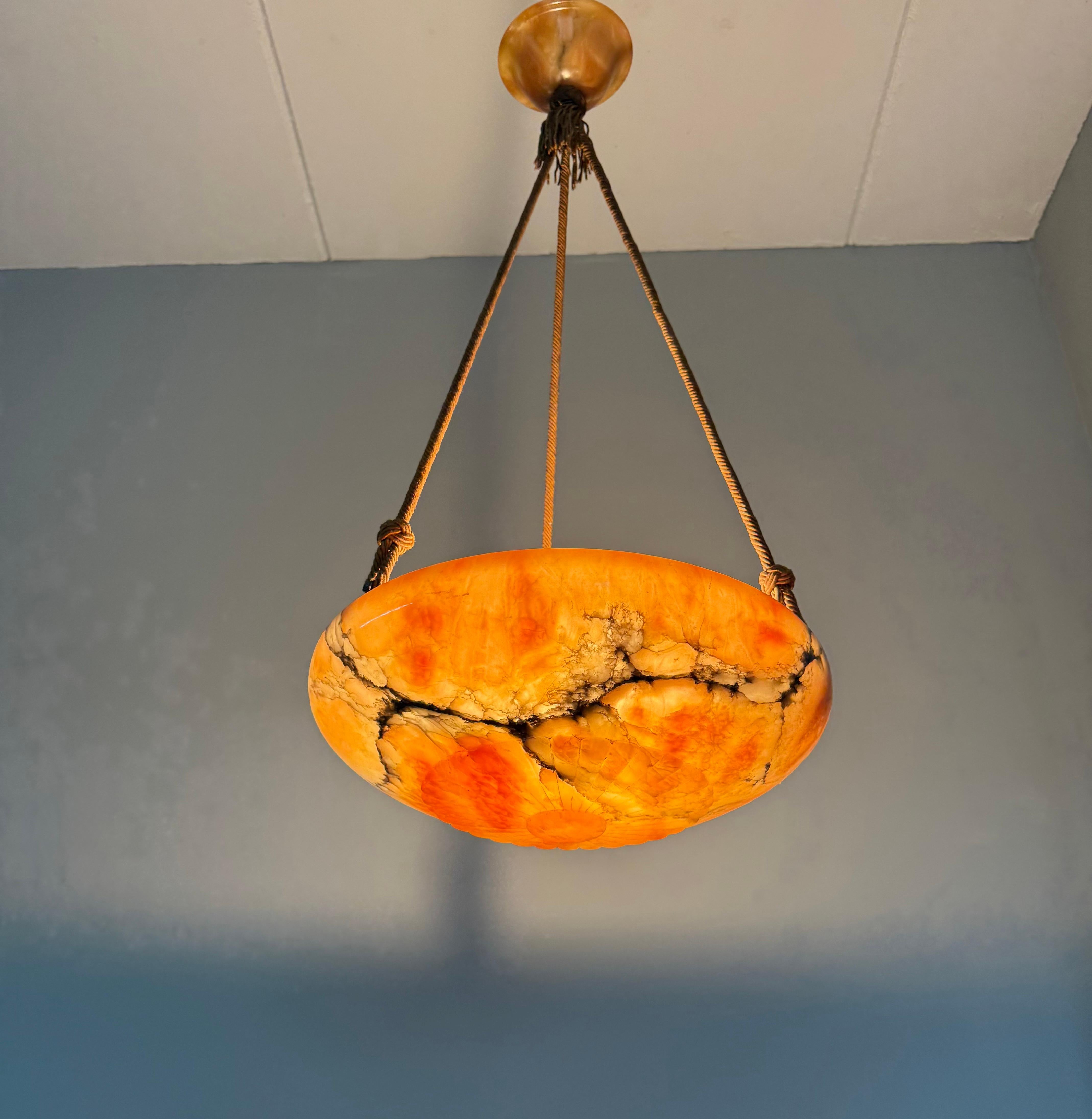 Antique Multicolor Alabaster Pendant Light w. Rope Suspension & Matching Canopy For Sale 8