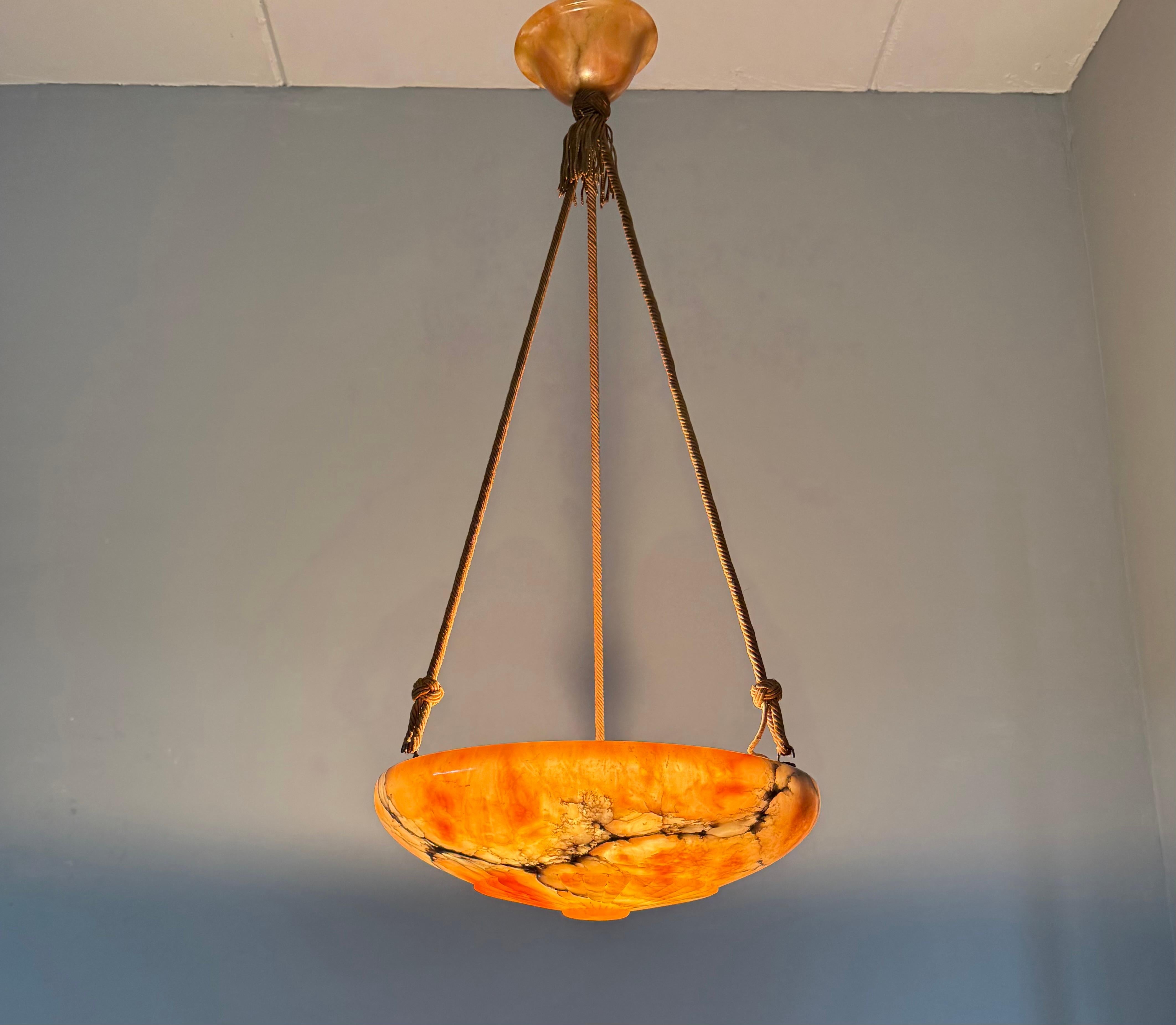Antique Multicolor Alabaster Pendant Light w. Rope Suspension & Matching Canopy For Sale 9