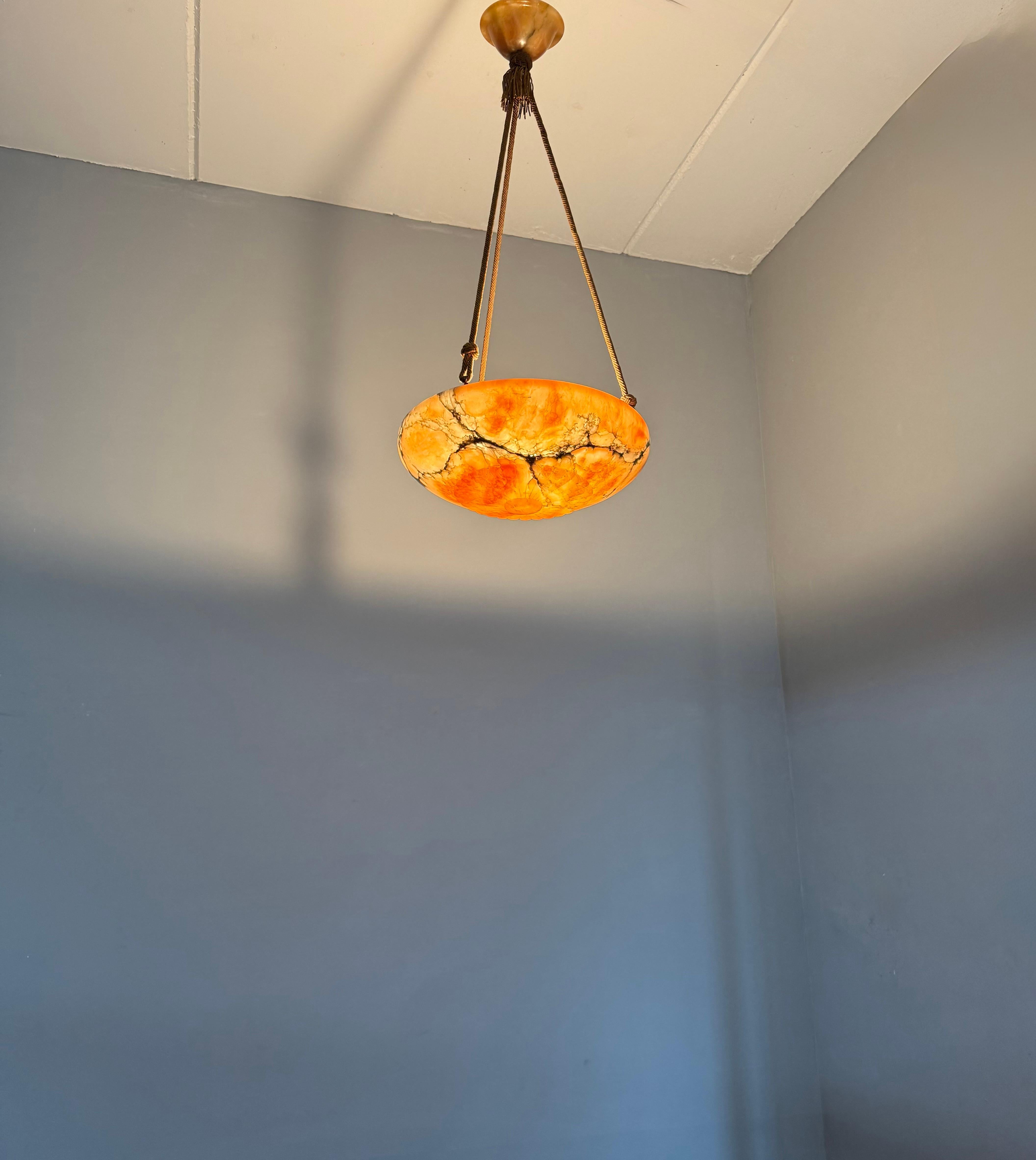 Antique Multicolor Alabaster Pendant Light w. Rope Suspension & Matching Canopy For Sale 10