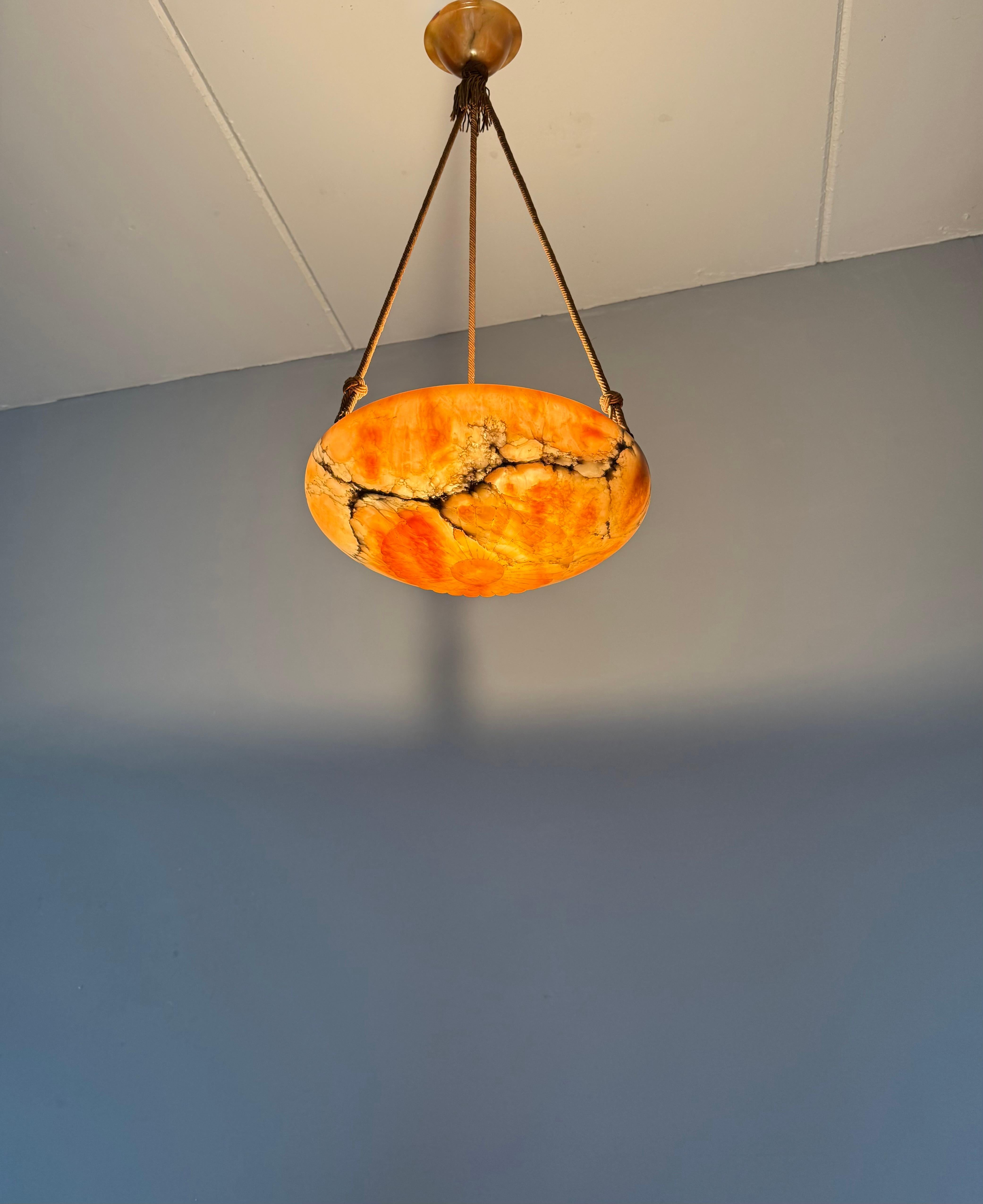 Antique Multicolor Alabaster Pendant Light w. Rope Suspension & Matching Canopy For Sale 11