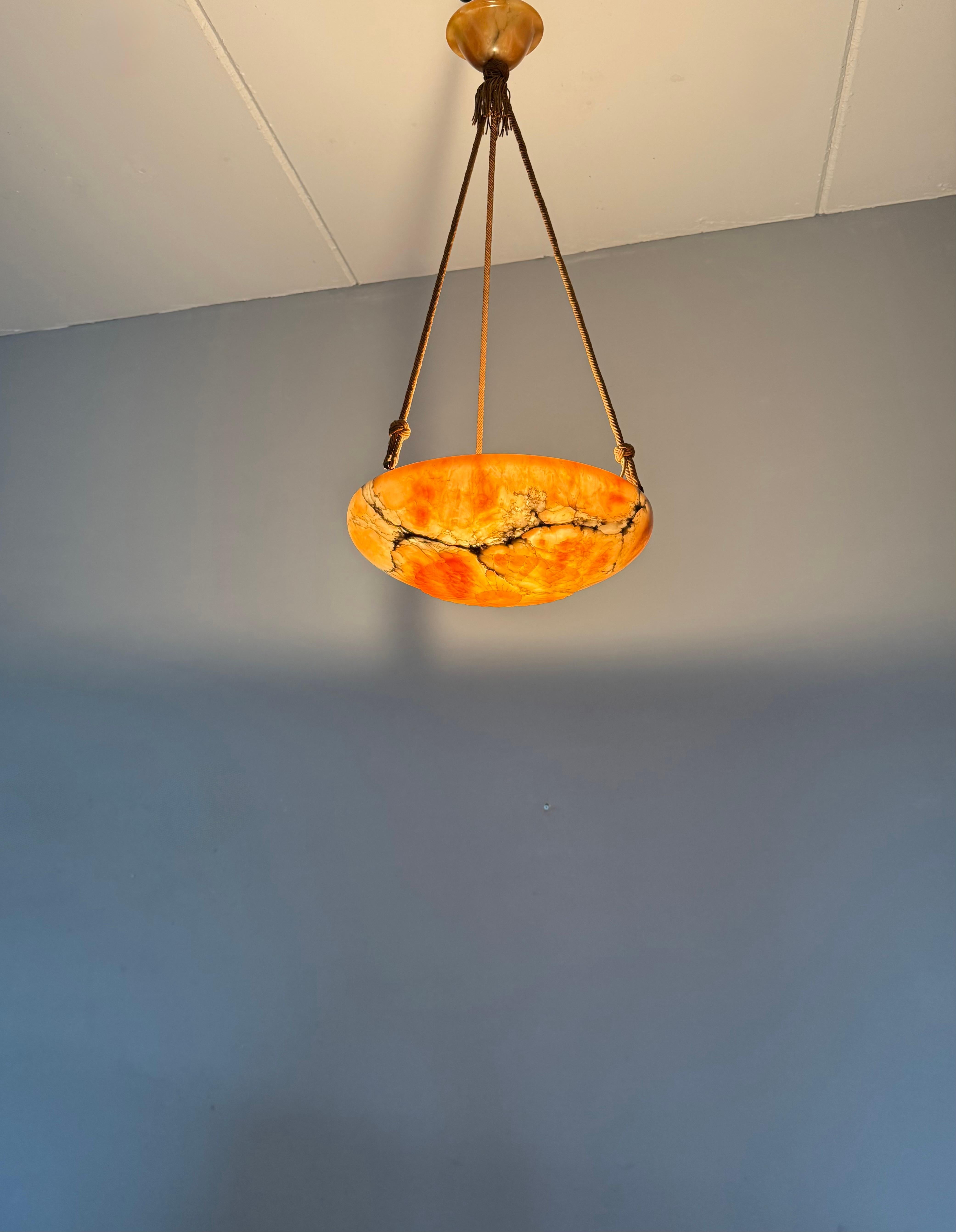 Antique Multicolor Alabaster Pendant Light w. Rope Suspension & Matching Canopy For Sale 12