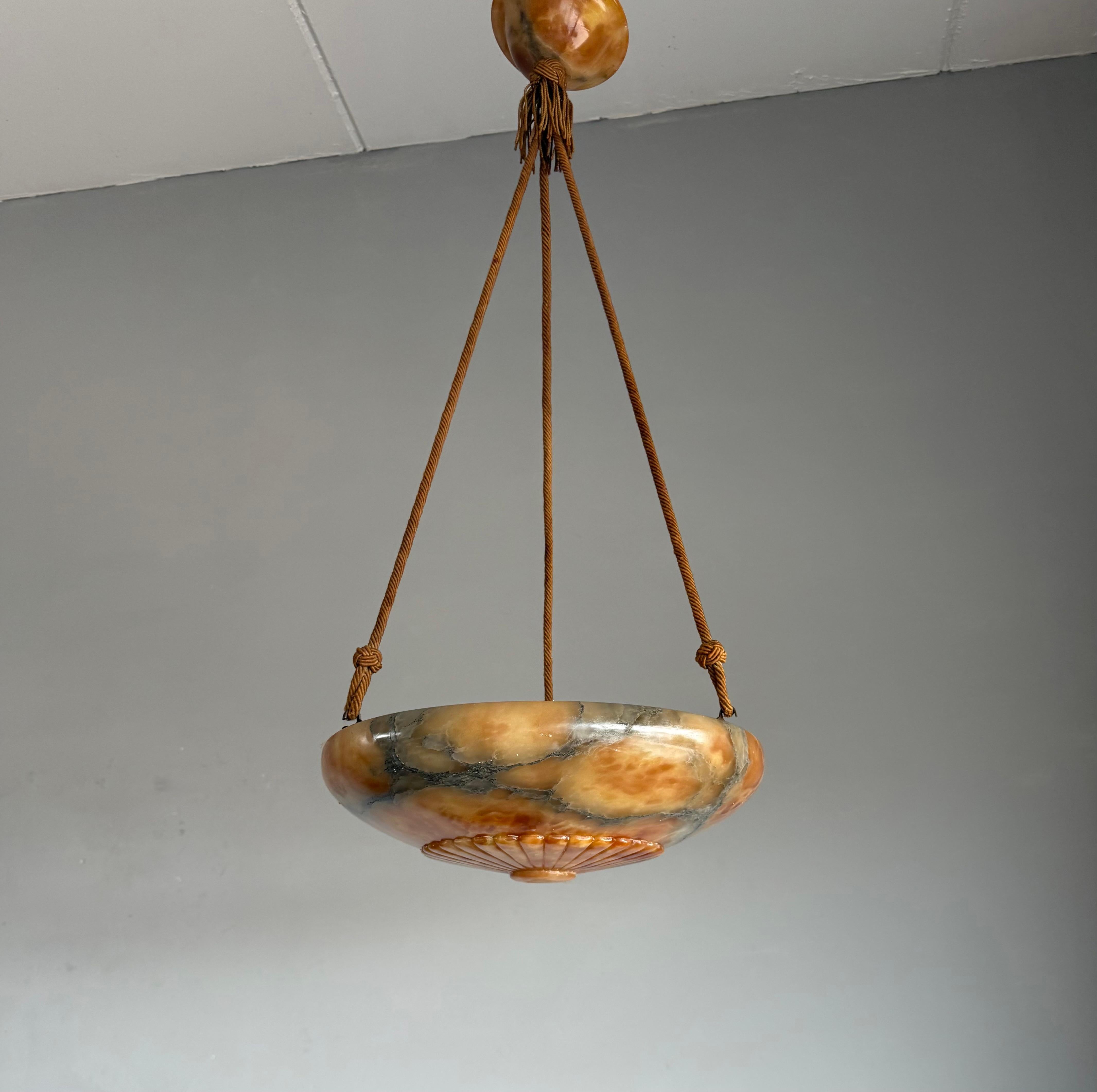 Swiss Antique Multicolor Alabaster Pendant Light w. Rope Suspension & Matching Canopy For Sale