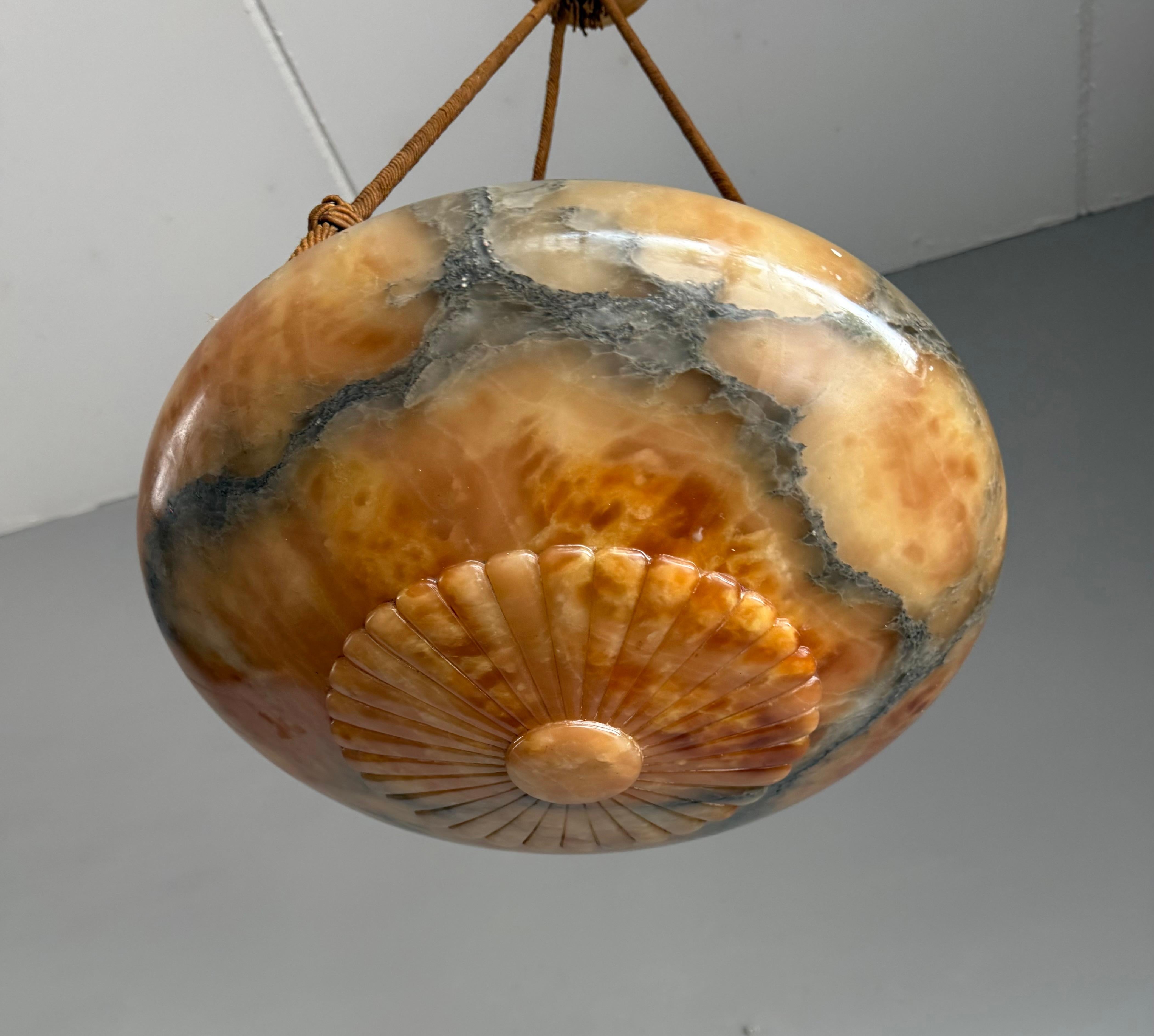 Hand-Carved Antique Multicolor Alabaster Pendant Light w. Rope Suspension & Matching Canopy For Sale