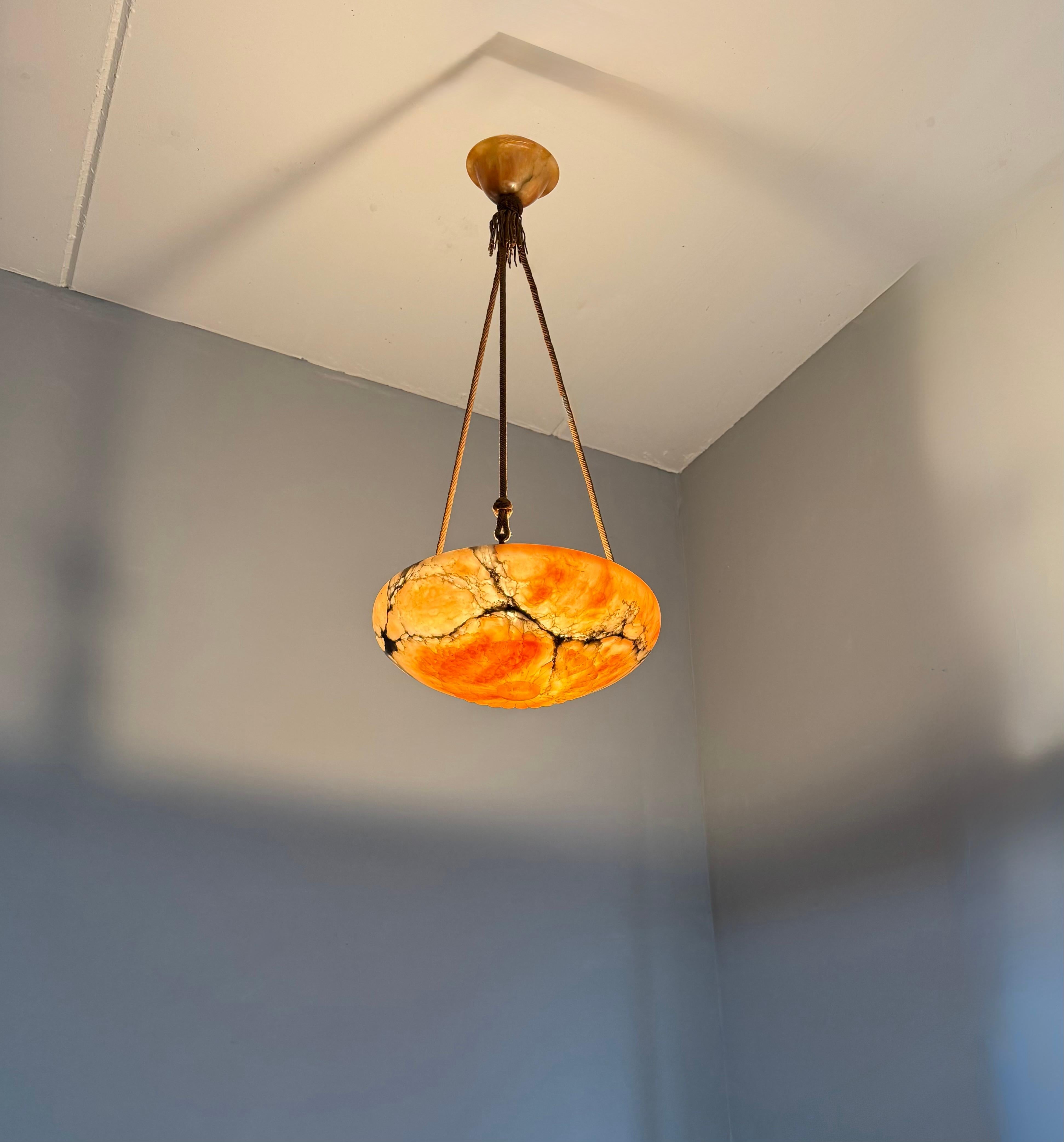 Antique Multicolor Alabaster Pendant Light w. Rope Suspension & Matching Canopy In Good Condition For Sale In Lisse, NL