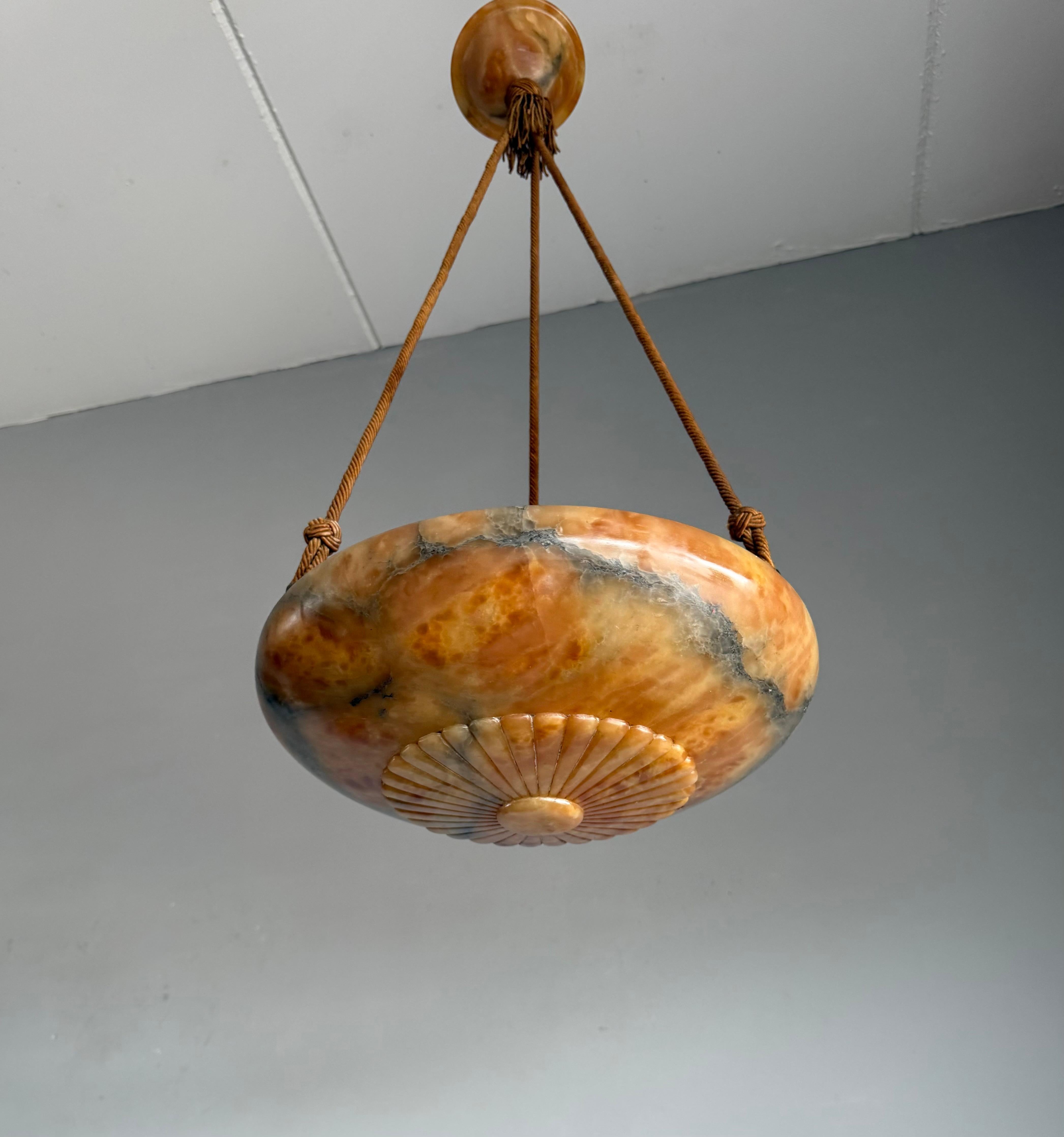 20th Century Antique Multicolor Alabaster Pendant Light w. Rope Suspension & Matching Canopy For Sale