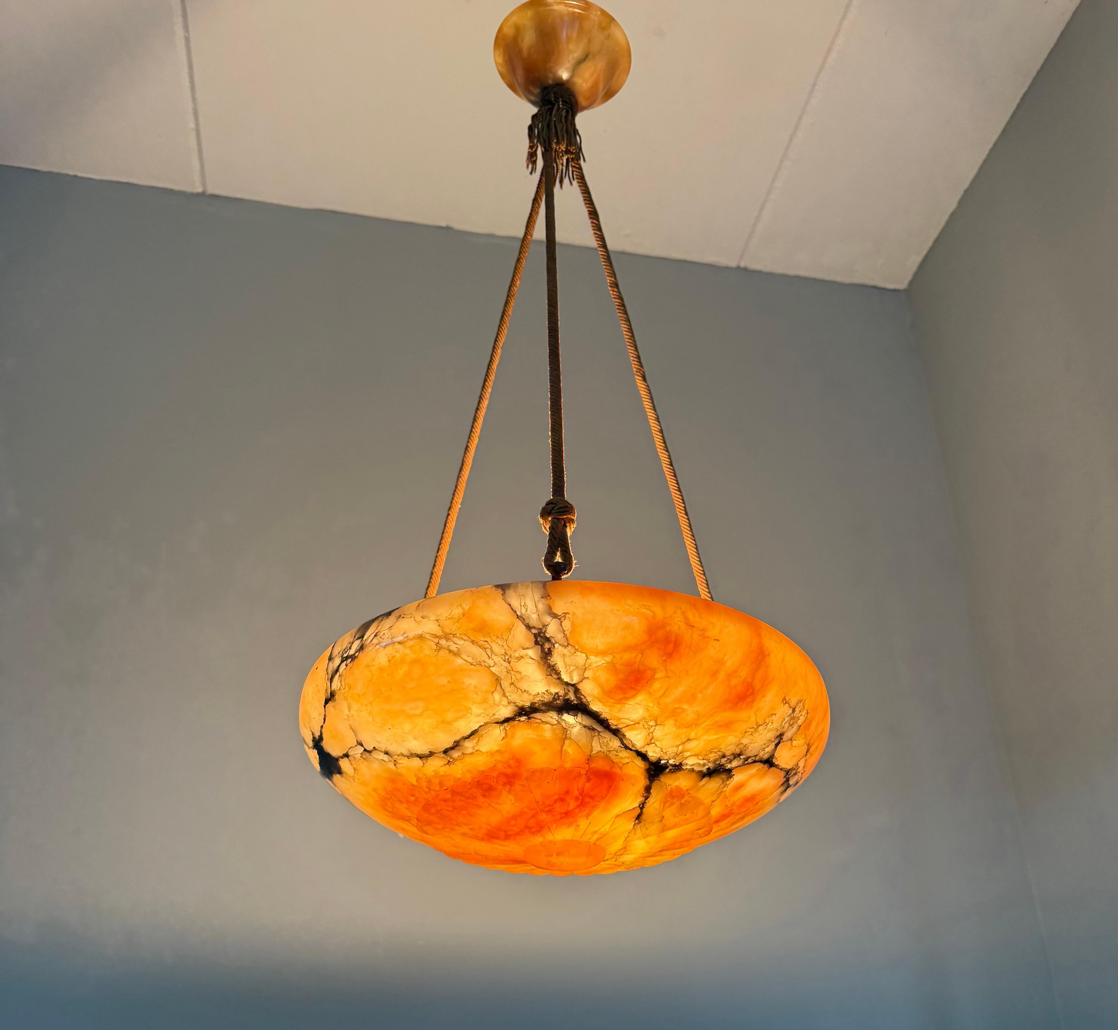 Brass Antique Multicolor Alabaster Pendant Light w. Rope Suspension & Matching Canopy For Sale