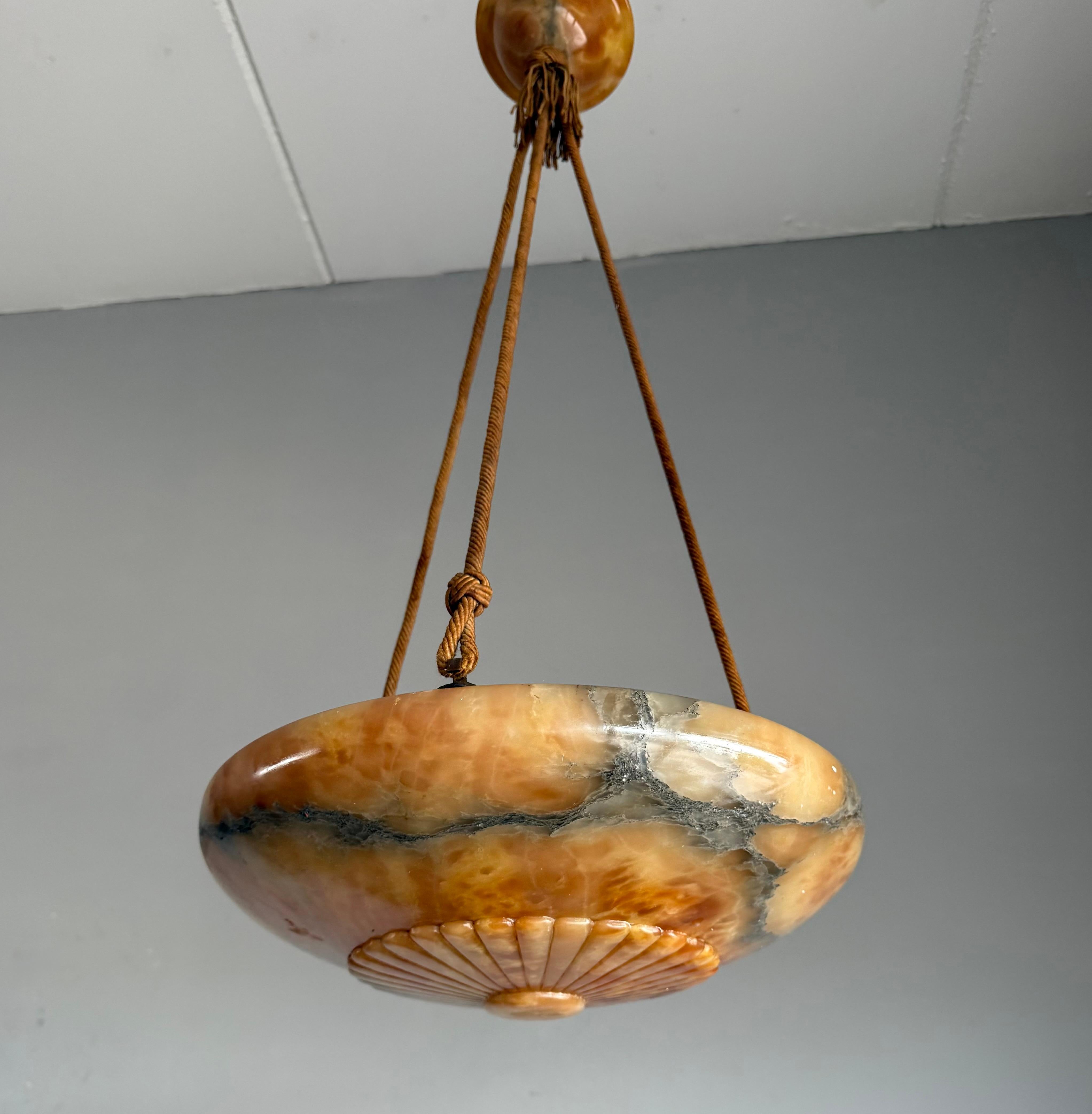 Antique Multicolor Alabaster Pendant Light w. Rope Suspension & Matching Canopy For Sale 1