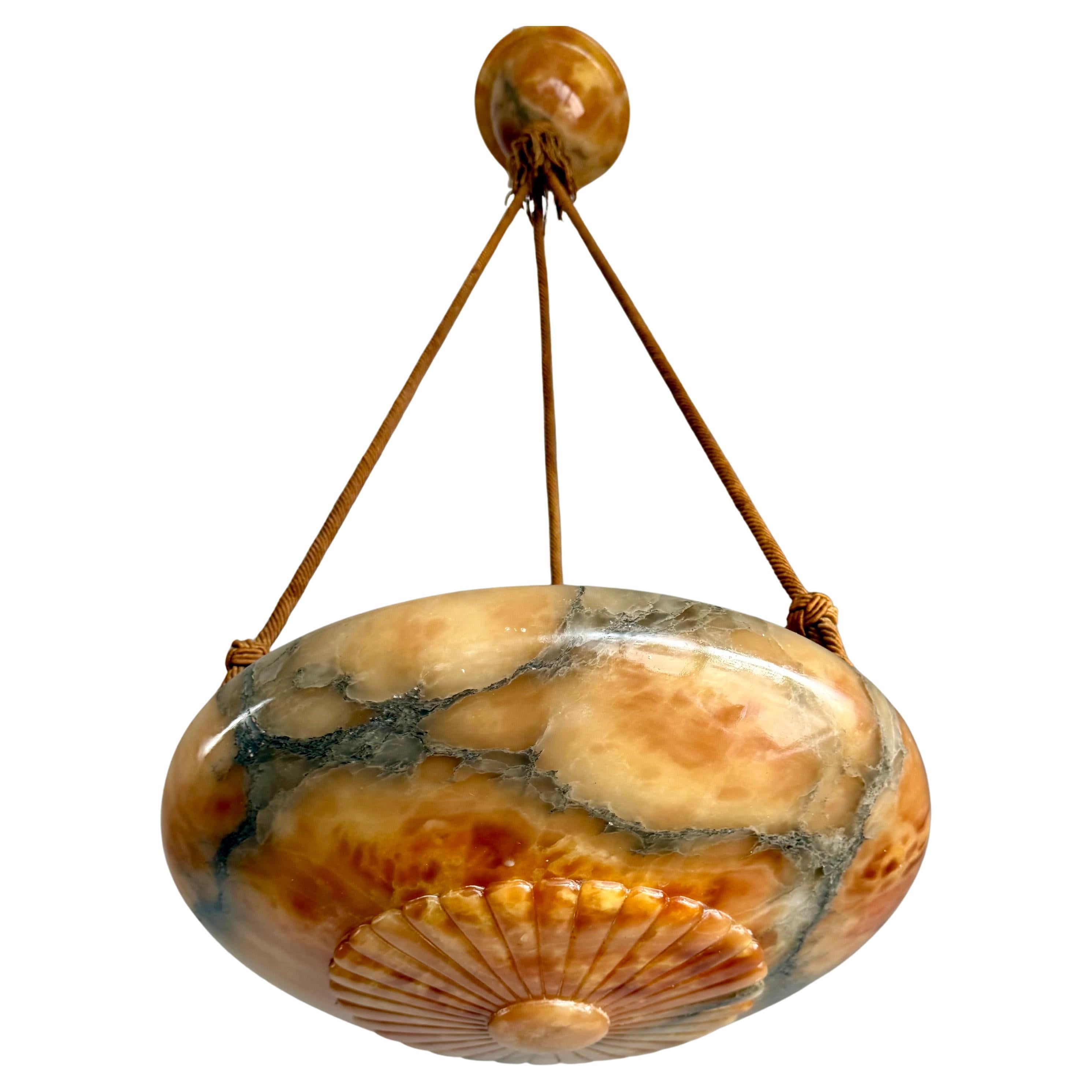Antique Multicolor Alabaster Pendant Light w. Rope Suspension & Matching Canopy For Sale