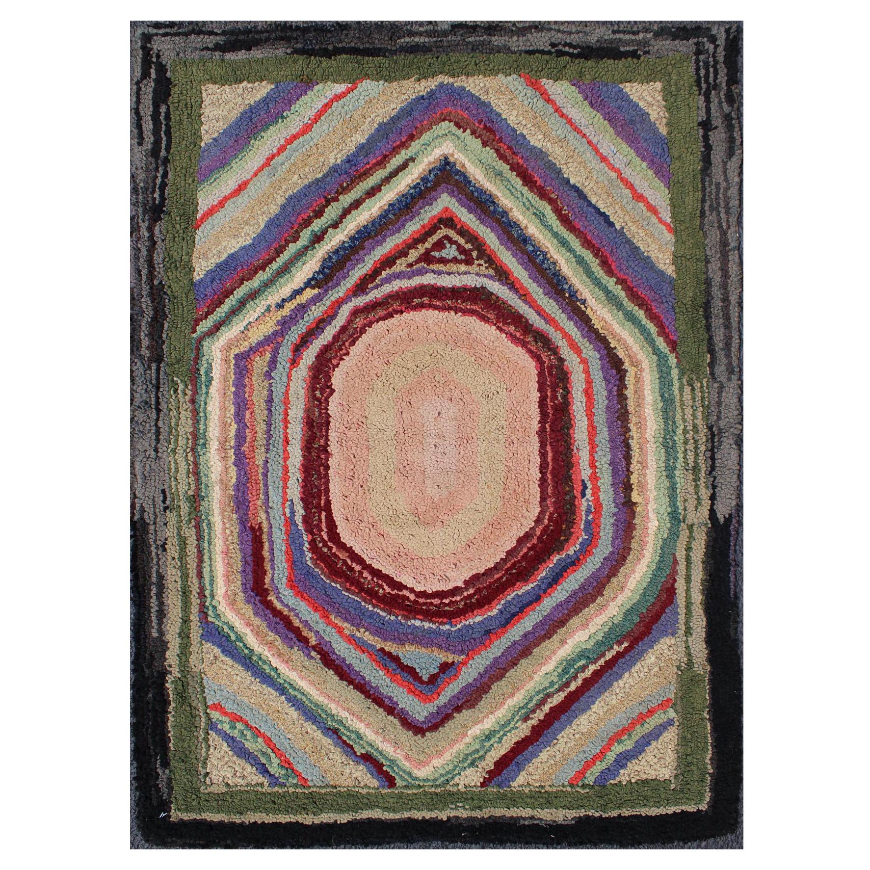 Antique Multicolor American Hooked Rug in Layered Diamond Design & Geometric