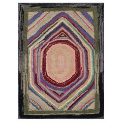 Antique Multicolor American Hooked Rug in Layered Diamond Design & Geometric