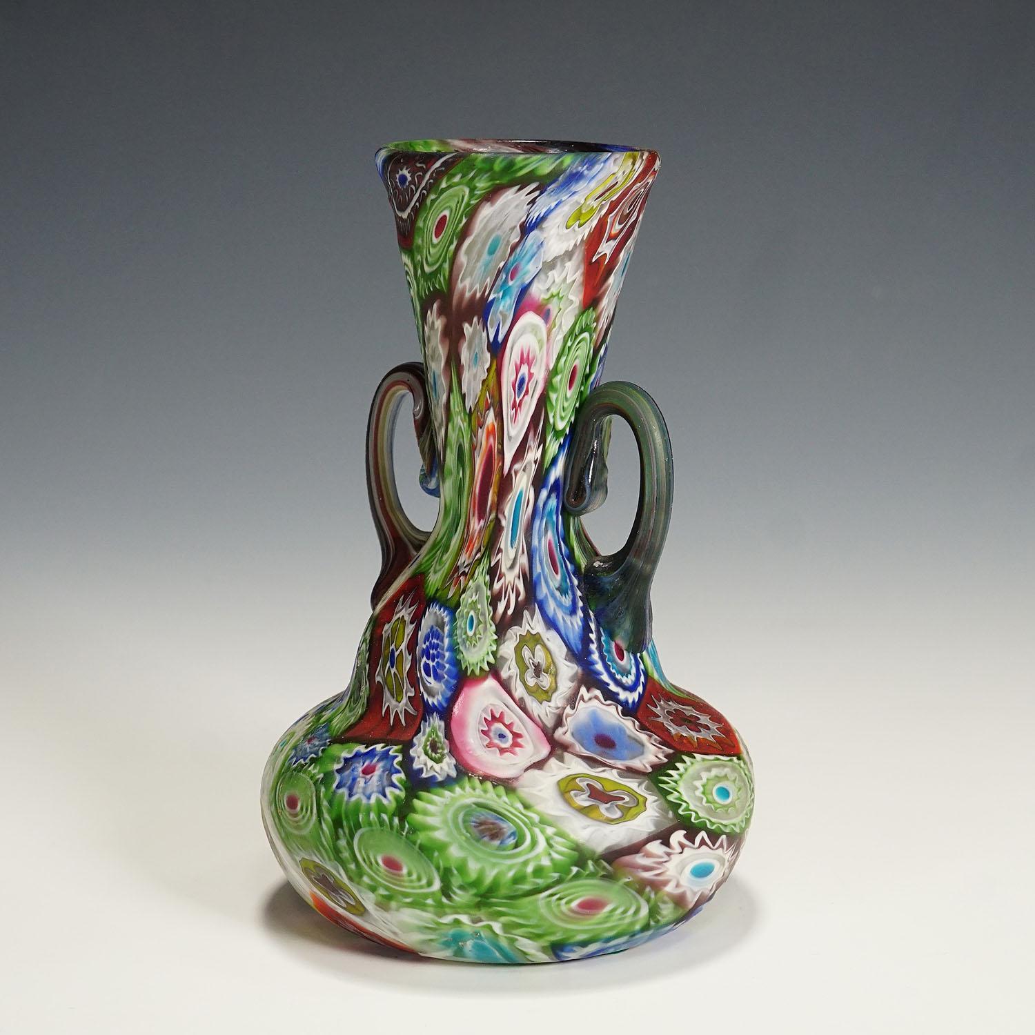 Mid-Century Modern Antique Multicoloured Millefiori Vase with Handles, Fratelli Toso Murano 1910 For Sale