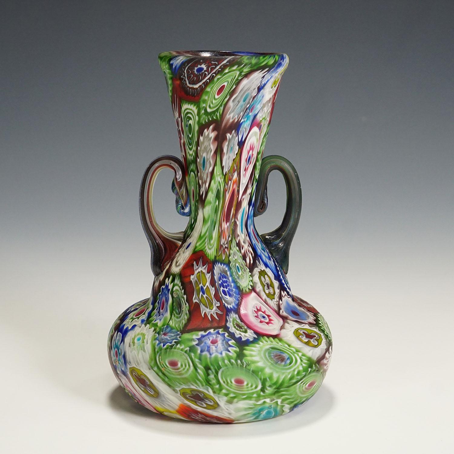 Italian Antique Multicoloured Millefiori Vase with Handles, Fratelli Toso Murano 1910 For Sale