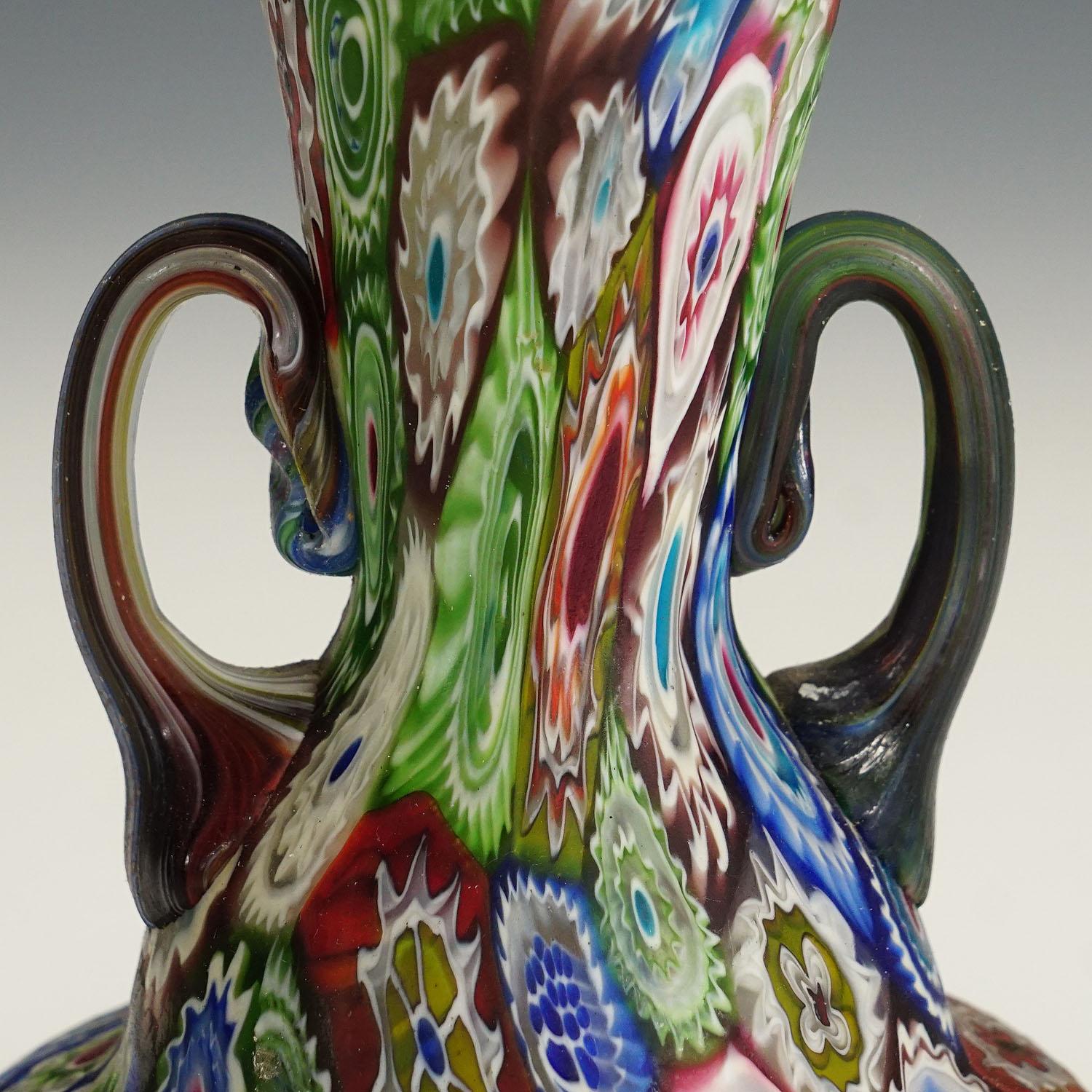 Hand-Crafted Antique Multicoloured Millefiori Vase with Handles, Fratelli Toso Murano 1910 For Sale