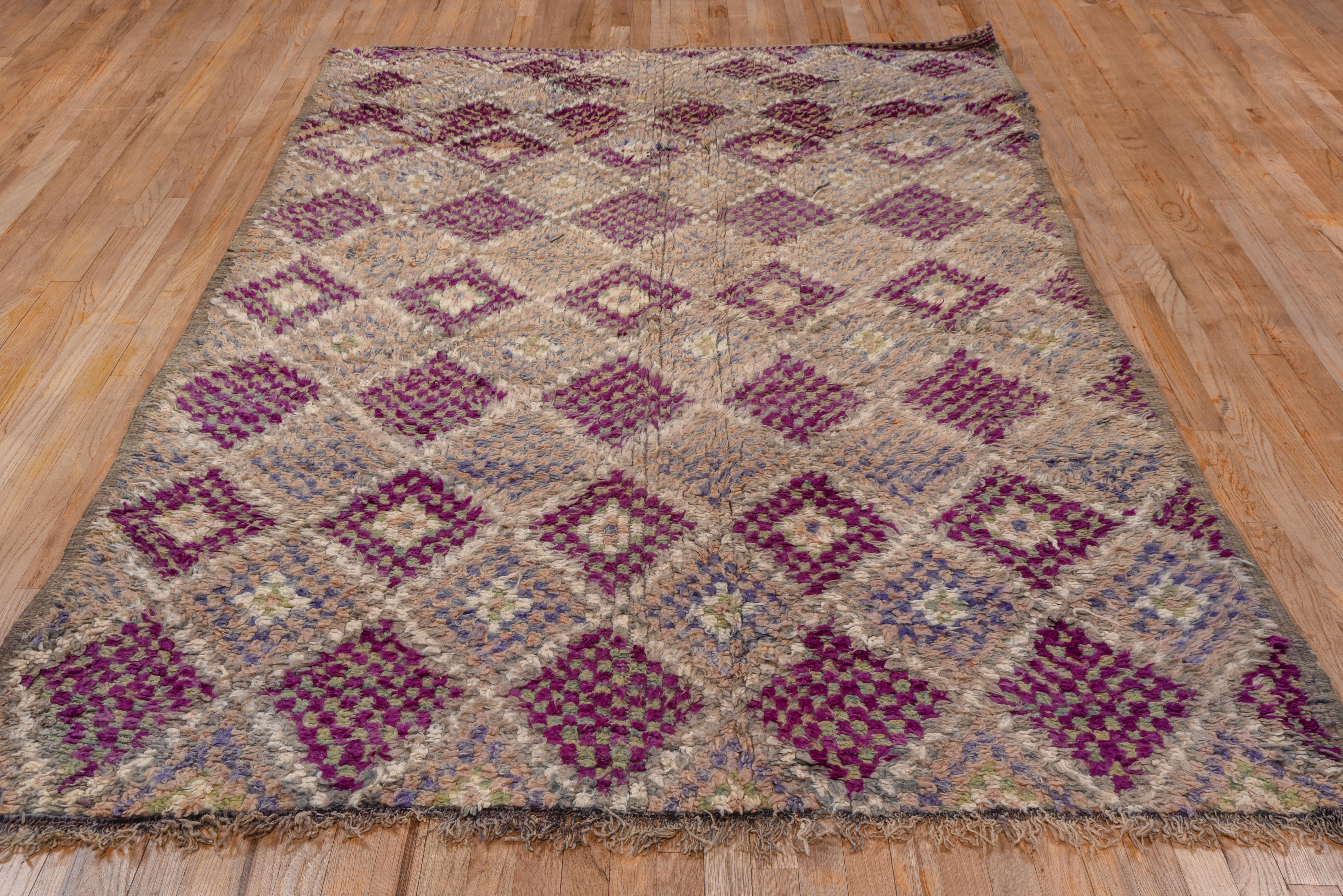 20th Century Antique Multitierd Moroccan Diamond Pattern Rug in Faded Purple and Creamy Brown For Sale