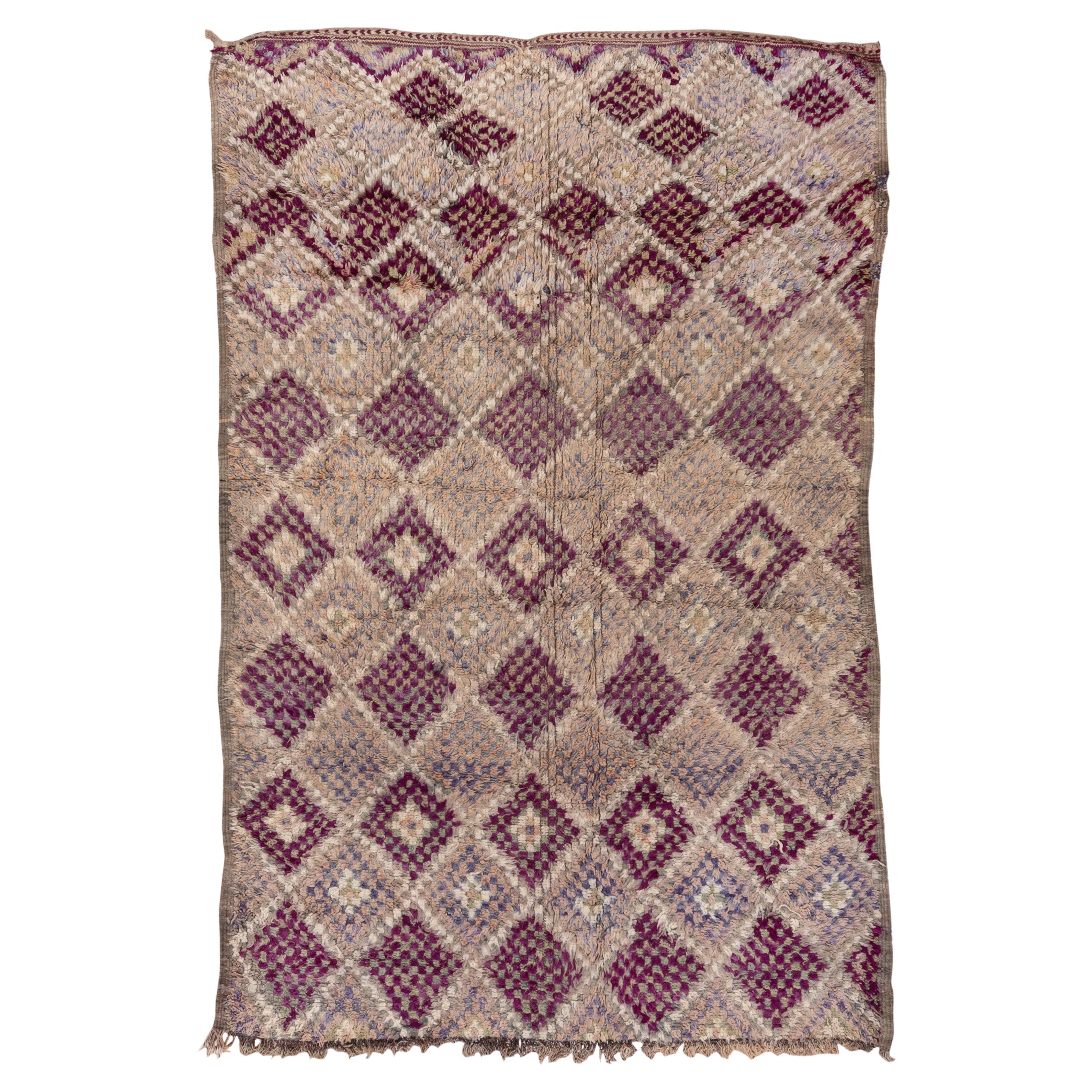 Antique Multitierd Moroccan Diamond Pattern Rug in Faded Purple and Creamy Brown For Sale