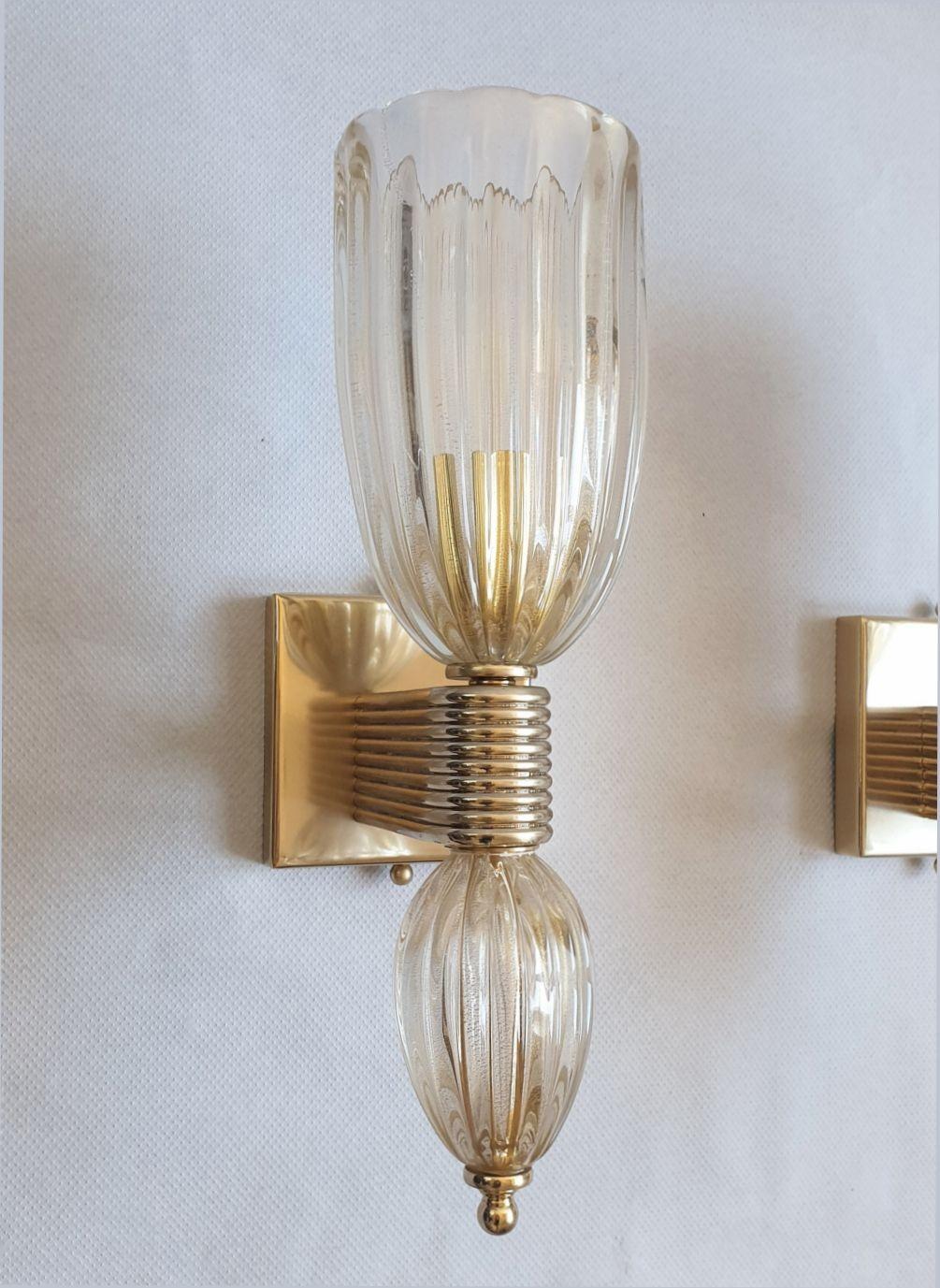 Mid-Century Modern Antique Murano Glass and Brass Sconces, Barovier Style, a Pair