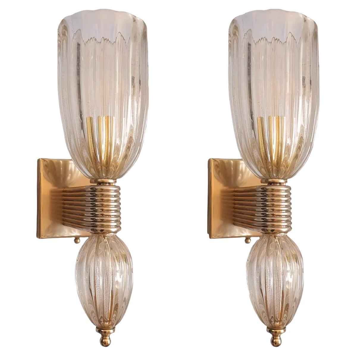 Antique Murano Glass and Brass Sconces, Barovier Style, a Pair