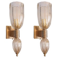 Antique Murano Glass and Brass Sconces, Barovier Style, a Pair