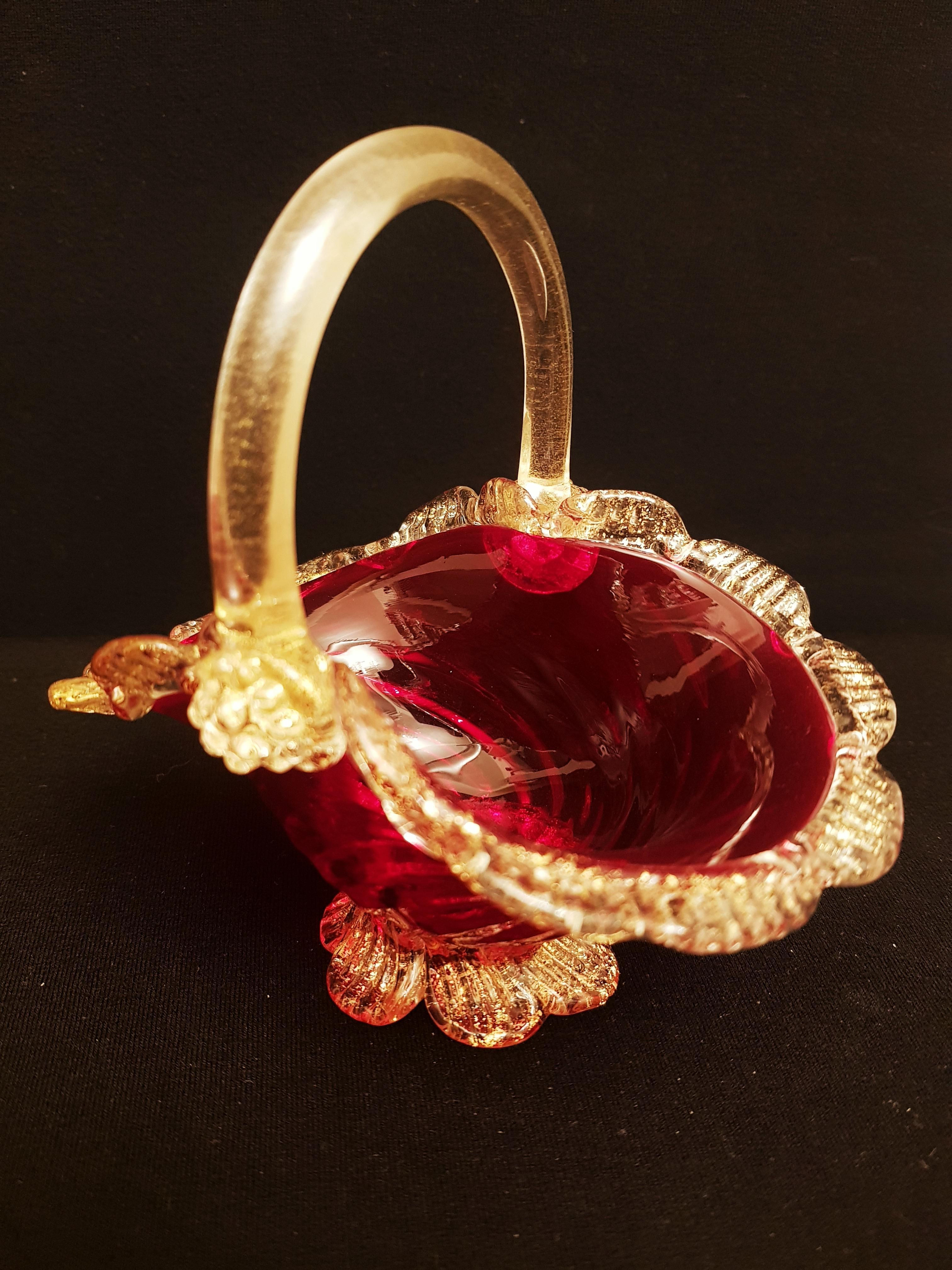 Beautiful antique murano glass basket red and clear with gold leaf by Antonio Salviati brilliant condition.