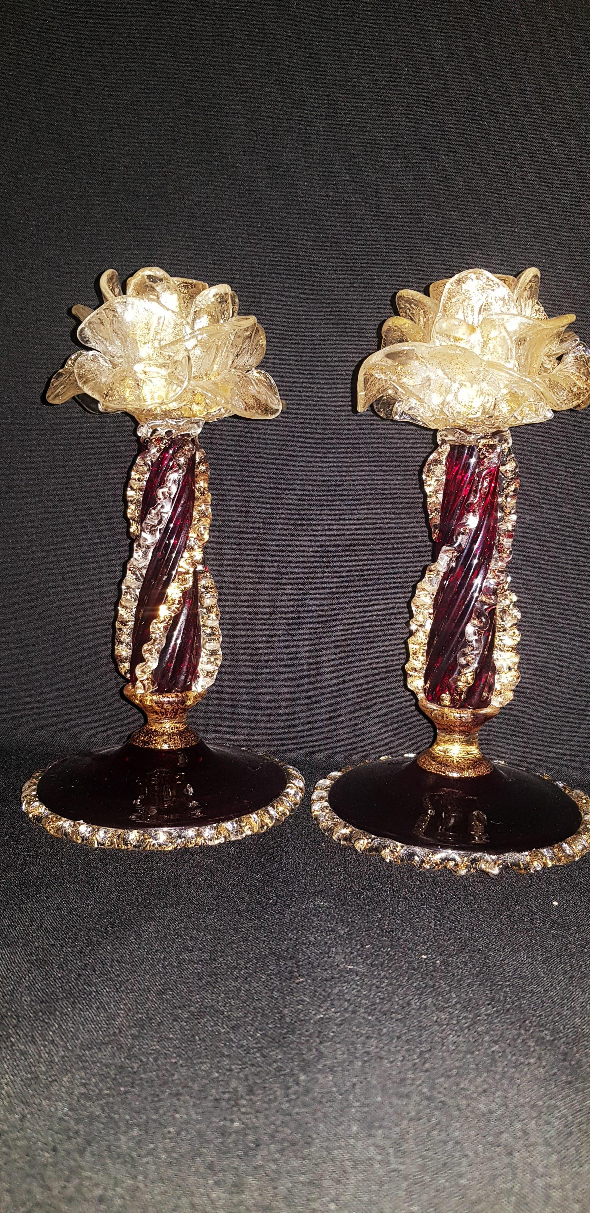 Italian Antique Murano Glass flowers Candle Holders with Gold Leaf 'Salviati' For Sale