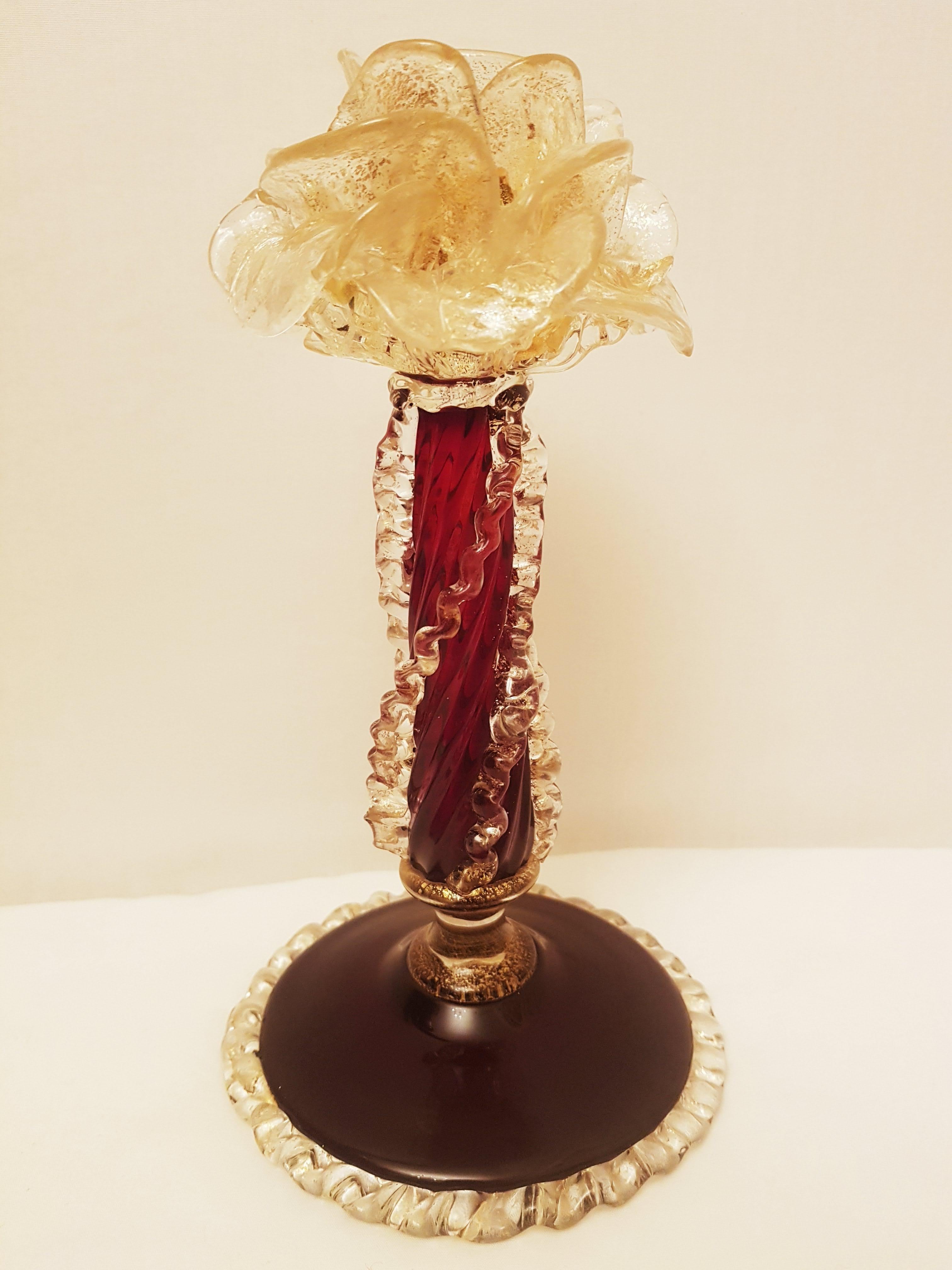 Beautiful antique murano glass candle holders red and clear with gold leaf, by Antonio Salviati years 1920 brilliant condition.