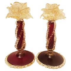 Antique Murano Glass Candle Holders with Gold Leaf 'Salviati'