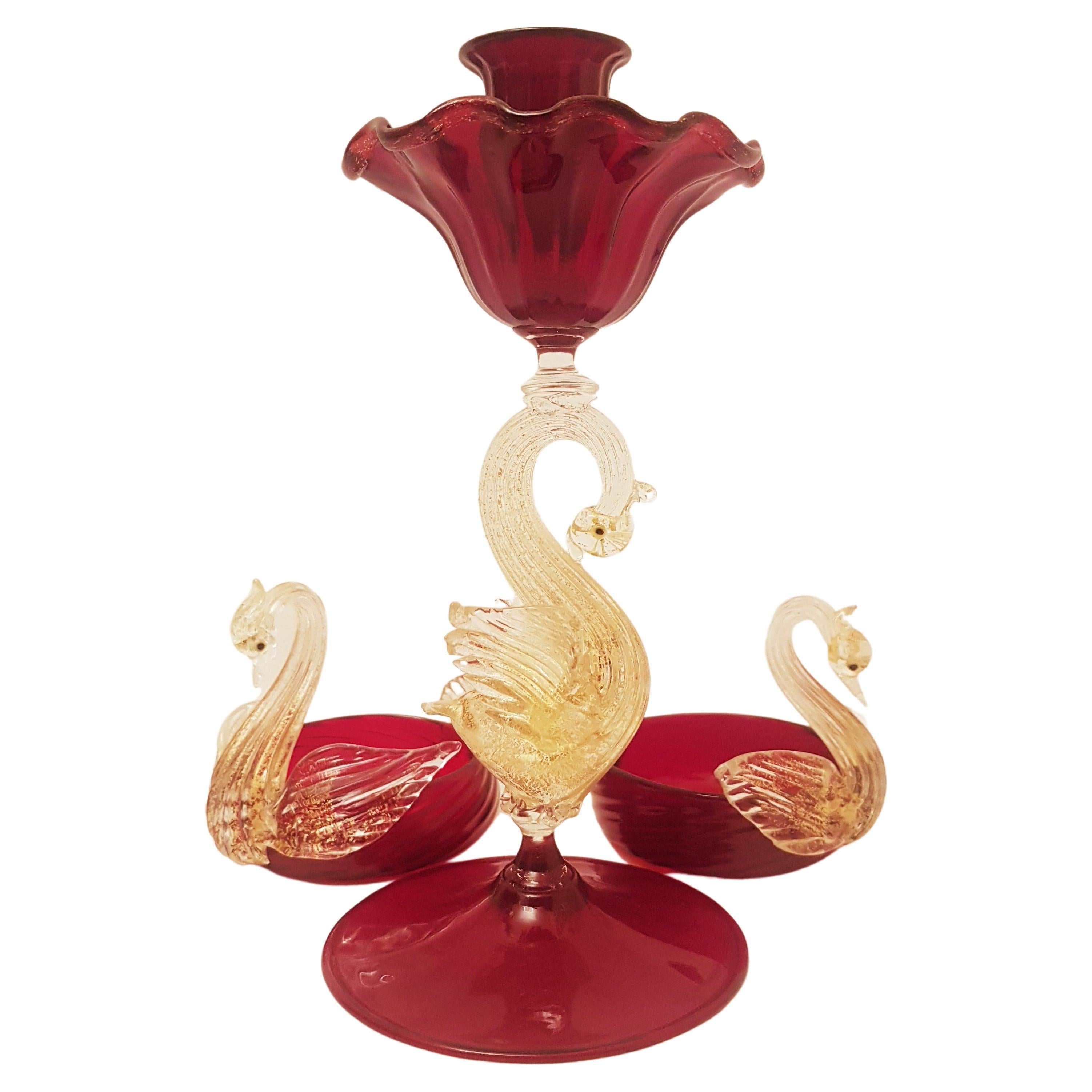 Antique Murano Glass Candleholder with Gold Leaf, Vetri Salviati For Sale
