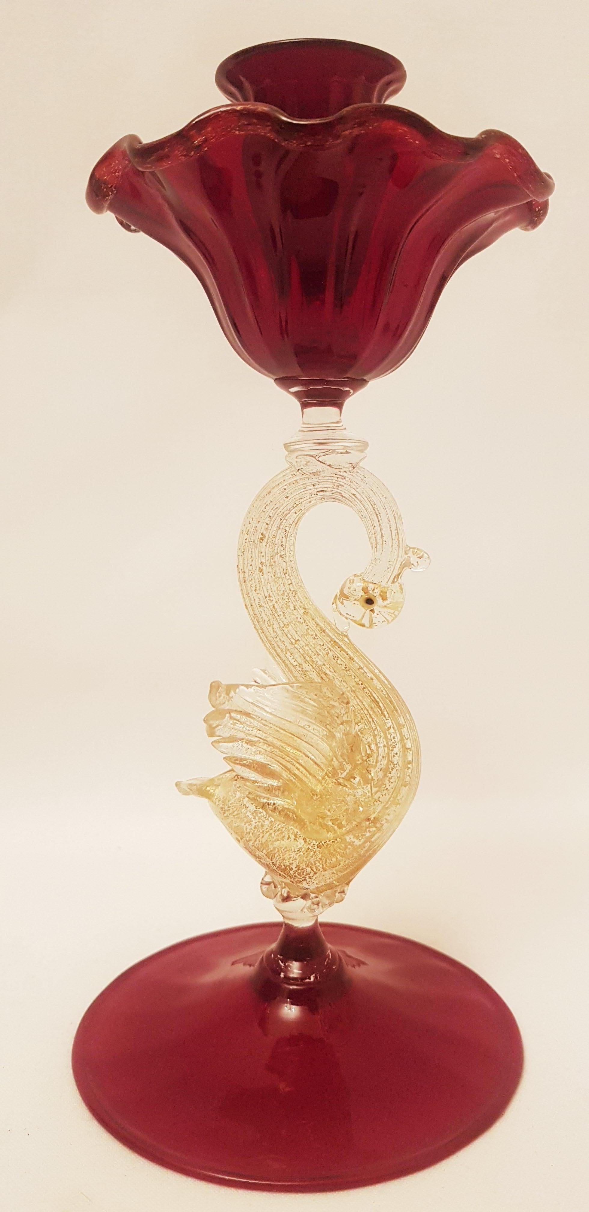 Beautiful antique Murano red swirled glass candleholder with gold leaf, made in Vetri Salviati in years 1896-1910 by Antonio Salviati. The large one is 21 cm tall and the smaller ones are 8 cm tall and 10 cm wide. All in excellent condition.