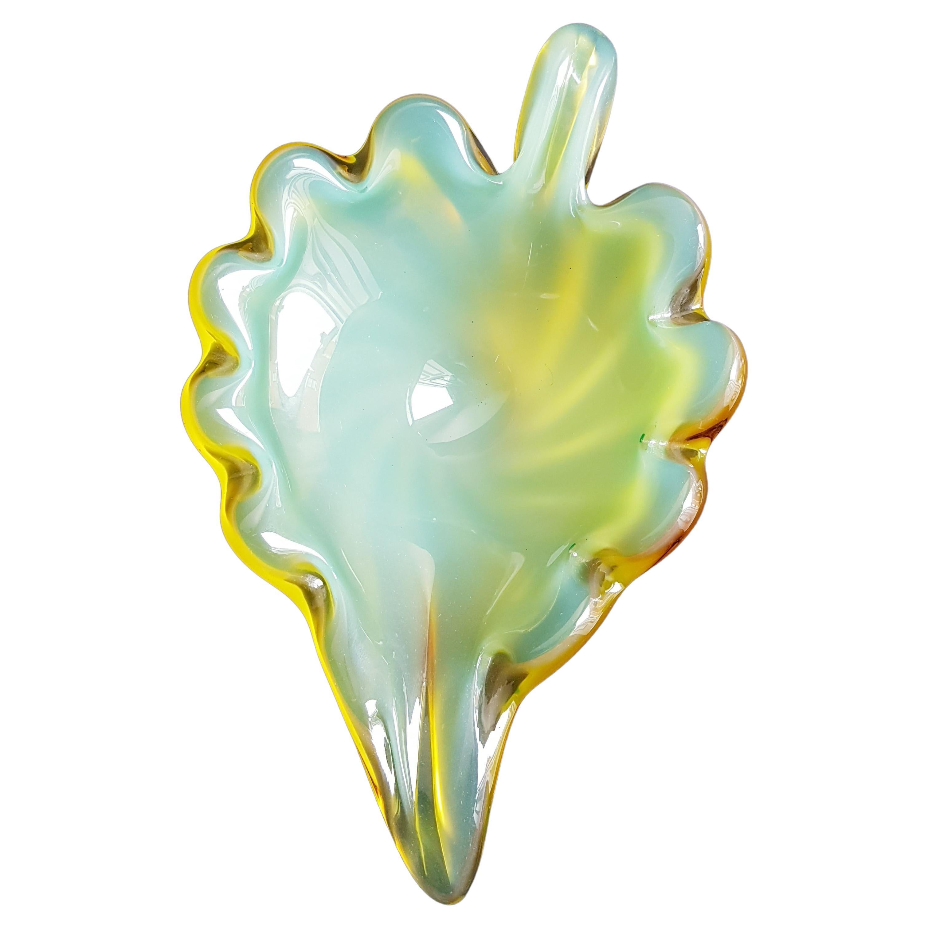 Antique murano glass opal leaf bowl by Archimede Seguso  For Sale