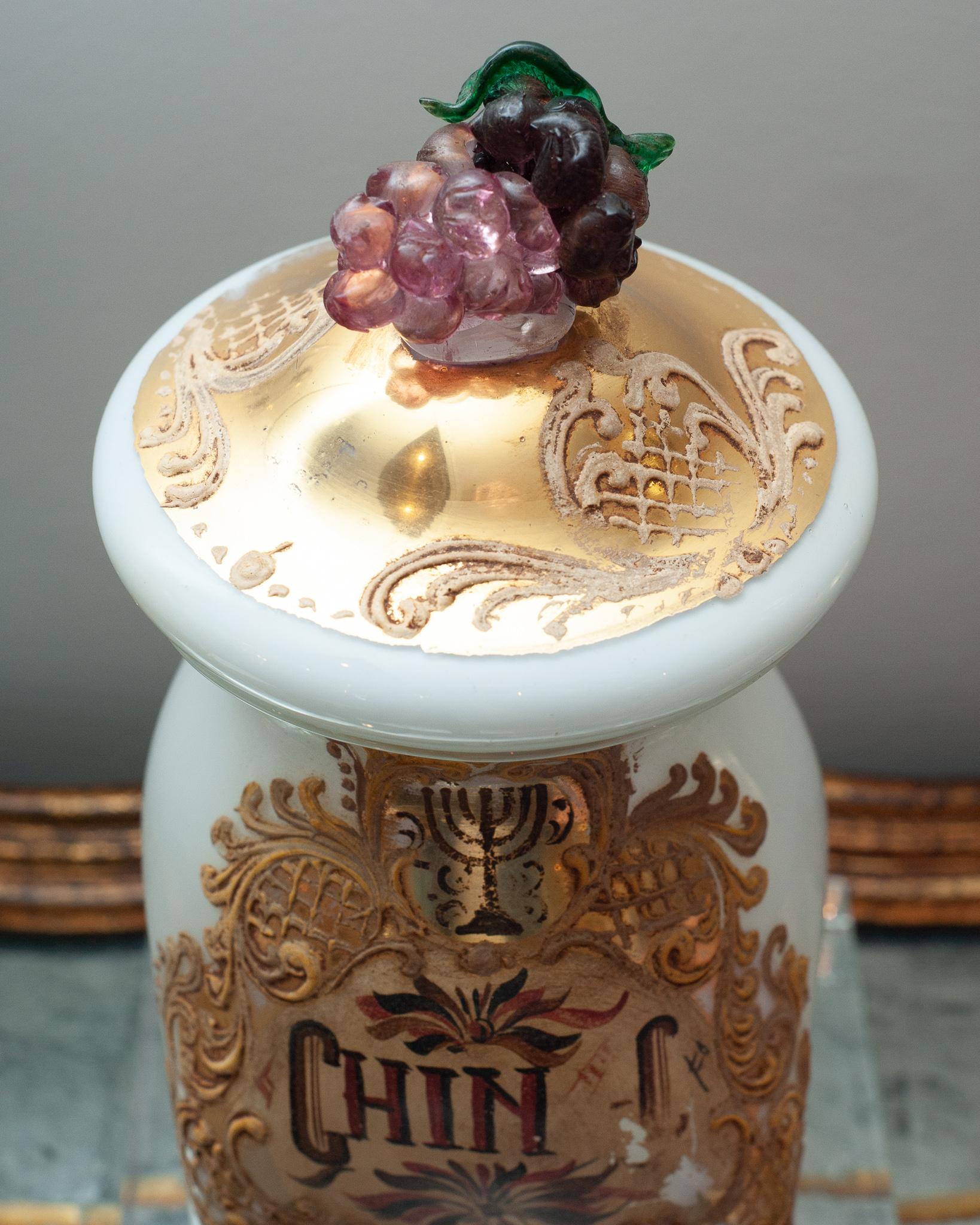 Hand-Painted Antique Murano Glass Pharmacy / Apothecary Canister with Elaborate Handpainting For Sale