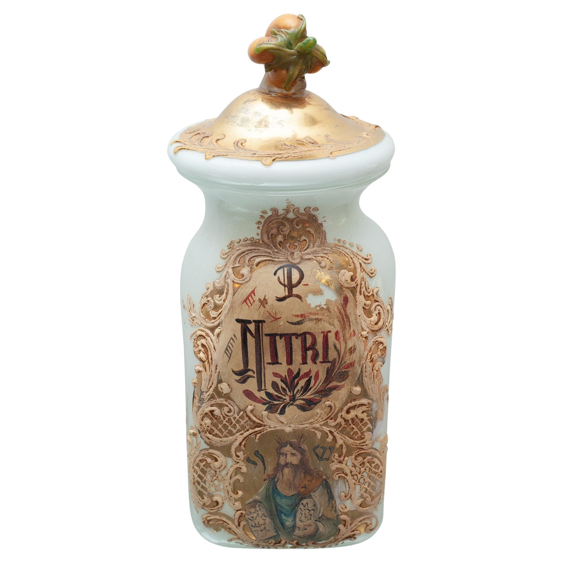 Antique Murano Glass Pharmacy / Apothecary Canister with Elaborate Handpainting