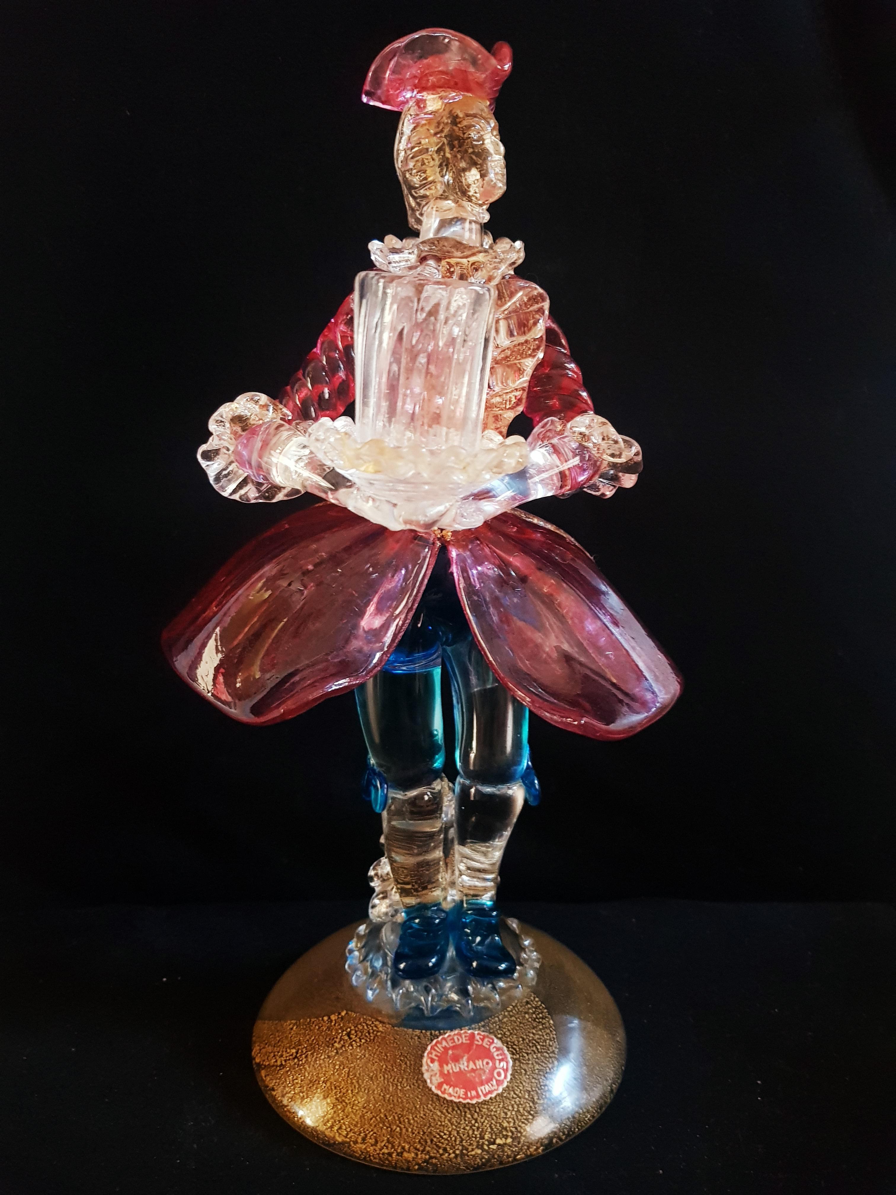 Beautiful antique Murano glass candleholder figurine with gold leaf, by Archimede Seguso; years 1940-1946. In excellent condition. Original Seguso sticker, start using in 1947.