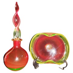 Antique Murano Glass Sommerso Uranium Perfume Bottle and Bowl