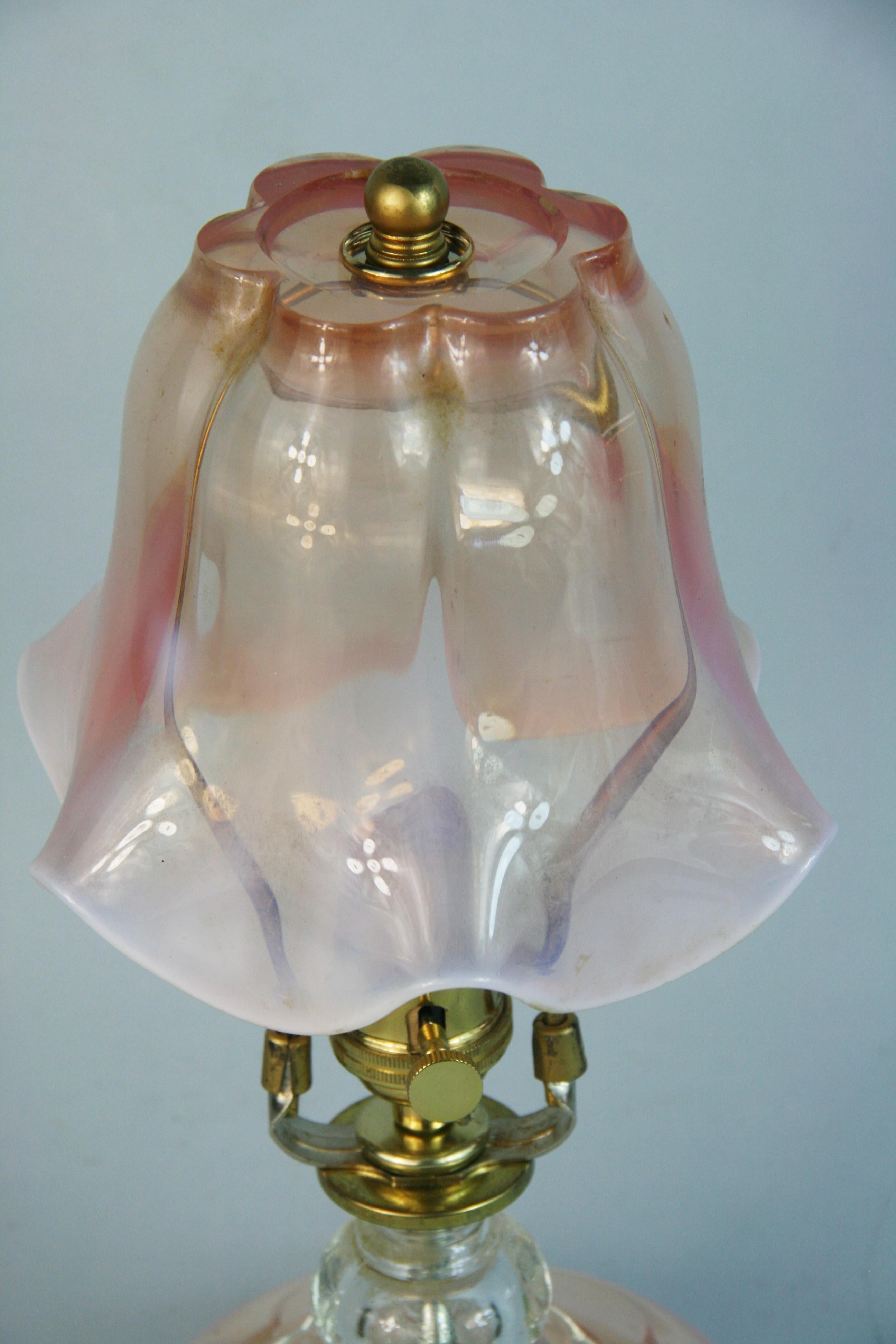 Antique Murano Glass Table Lamps Rose and Clear Glass Pair 1940's In Good Condition For Sale In Douglas Manor, NY