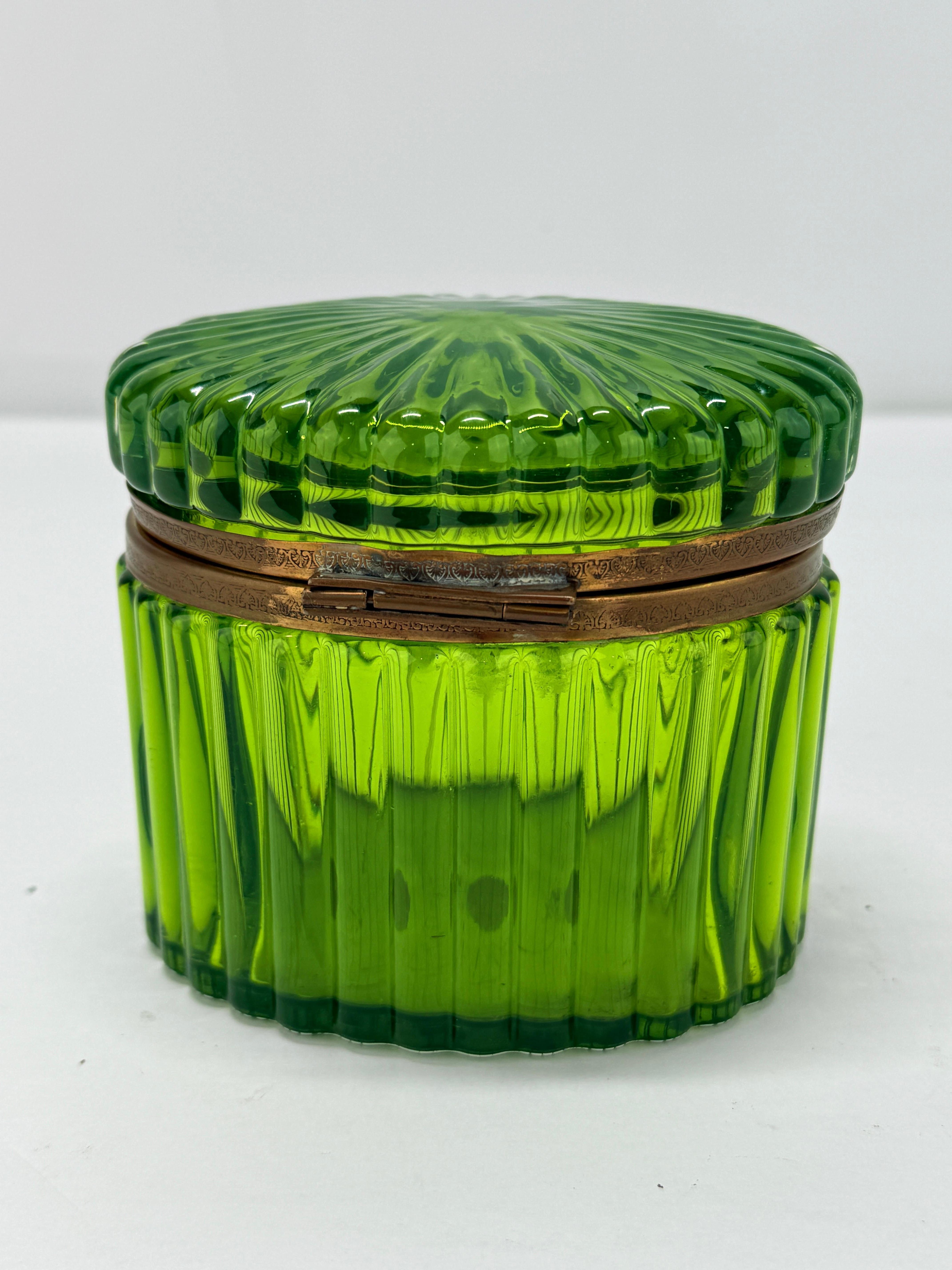 Mid-Century Modern Antique Murano Green Ribbed & Ormolu Hinged Box - Original Label