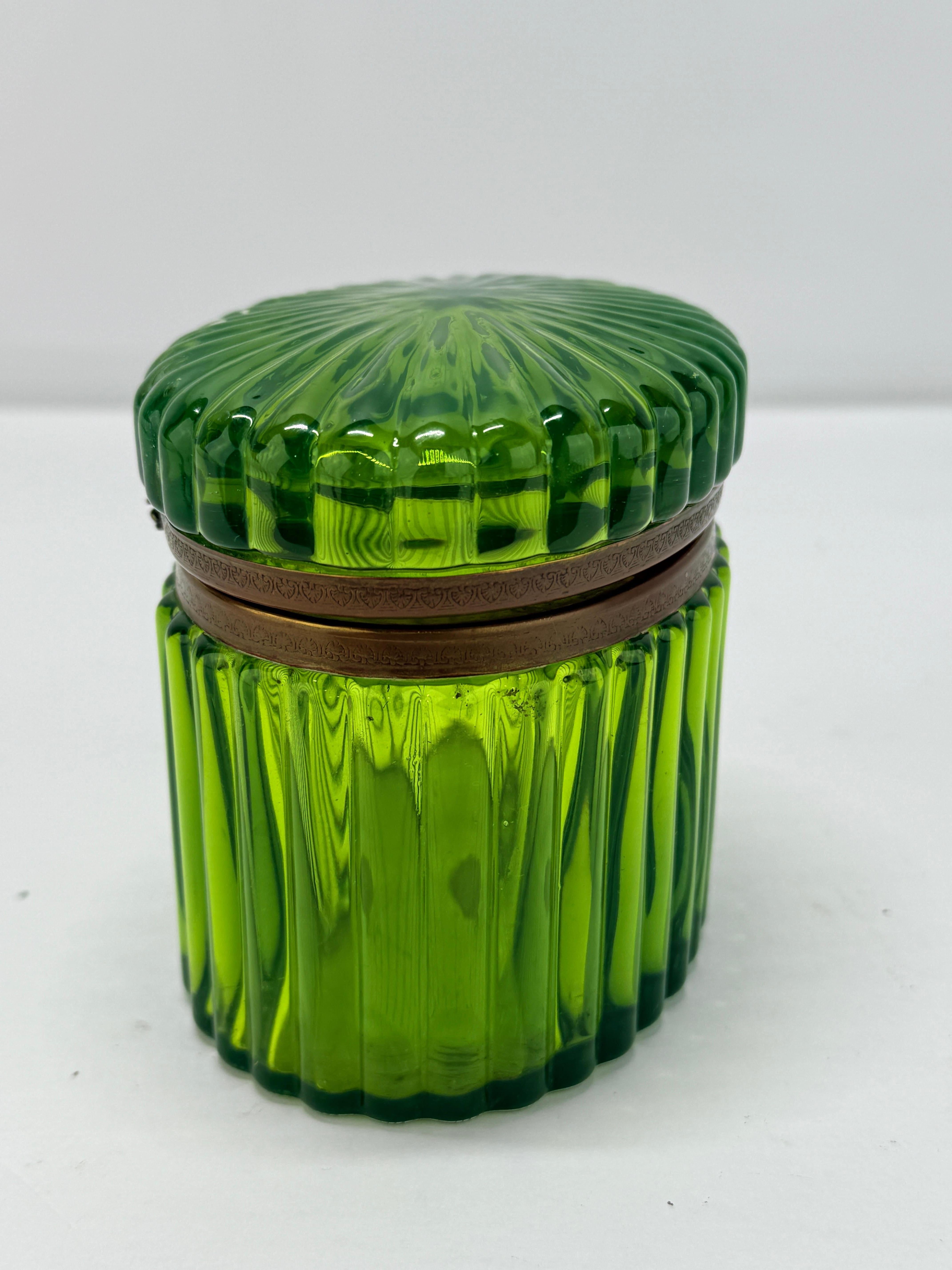 Italian Antique Murano Green Ribbed & Ormolu Hinged Box - Original Label