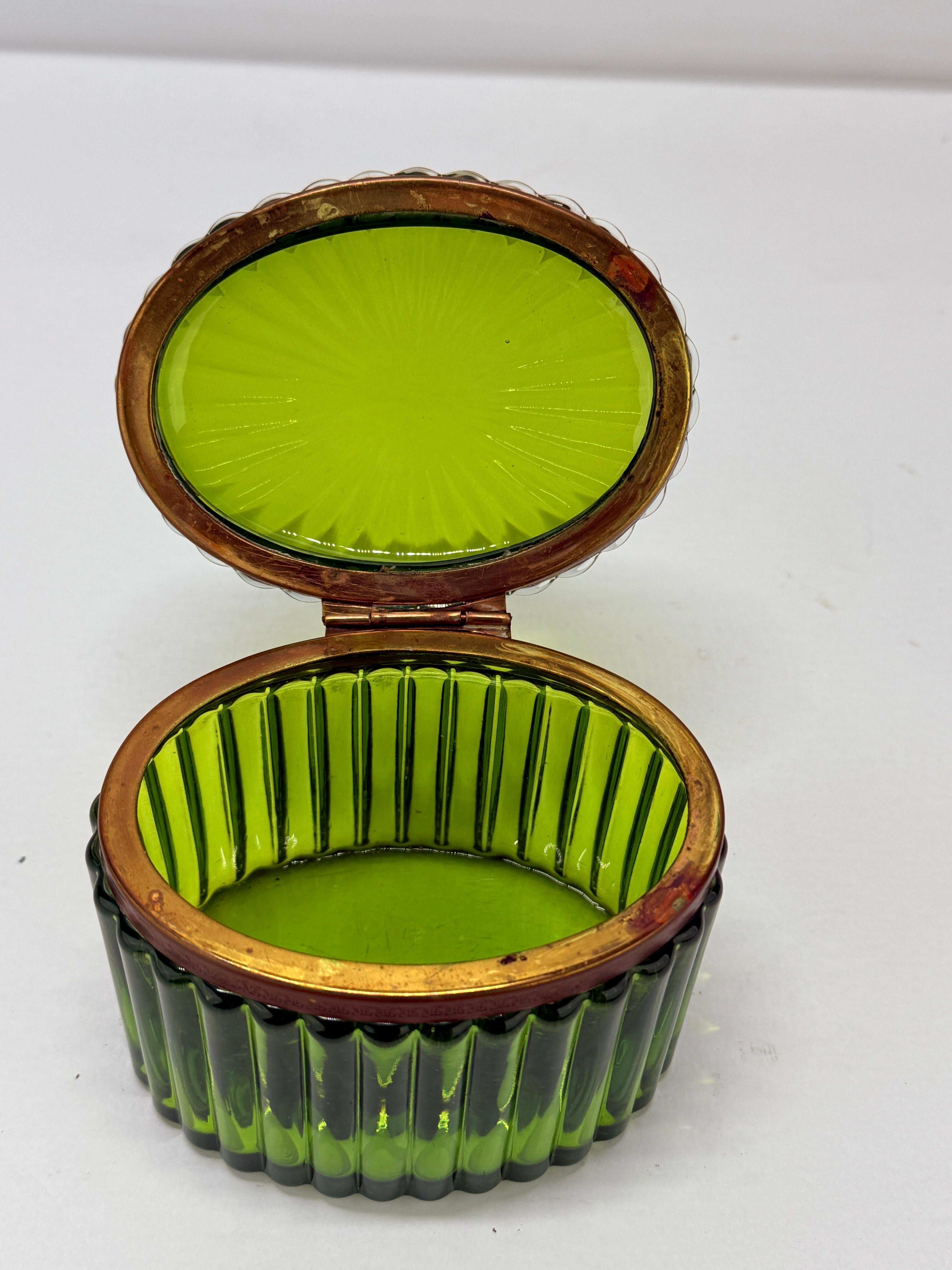 20th Century Antique Murano Green Ribbed & Ormolu Hinged Box - Original Label