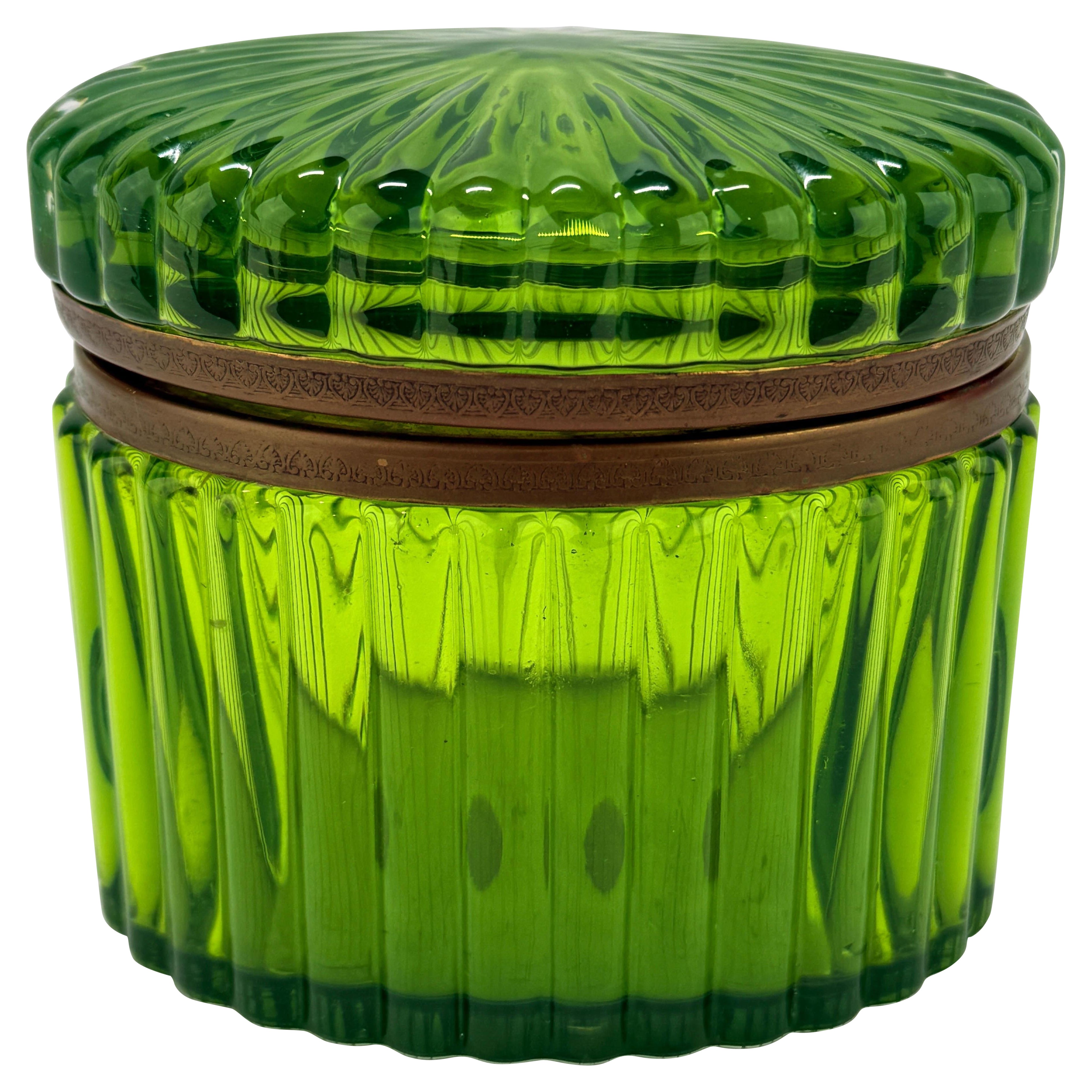 Antique Murano Green Ribbed & Ormolu Hinged Box - Original Label
