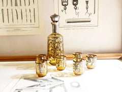 Antico Murano, bottiglia veneziana e bicchieri d'ambra, set da bar per liquori anni '20, A. Silver