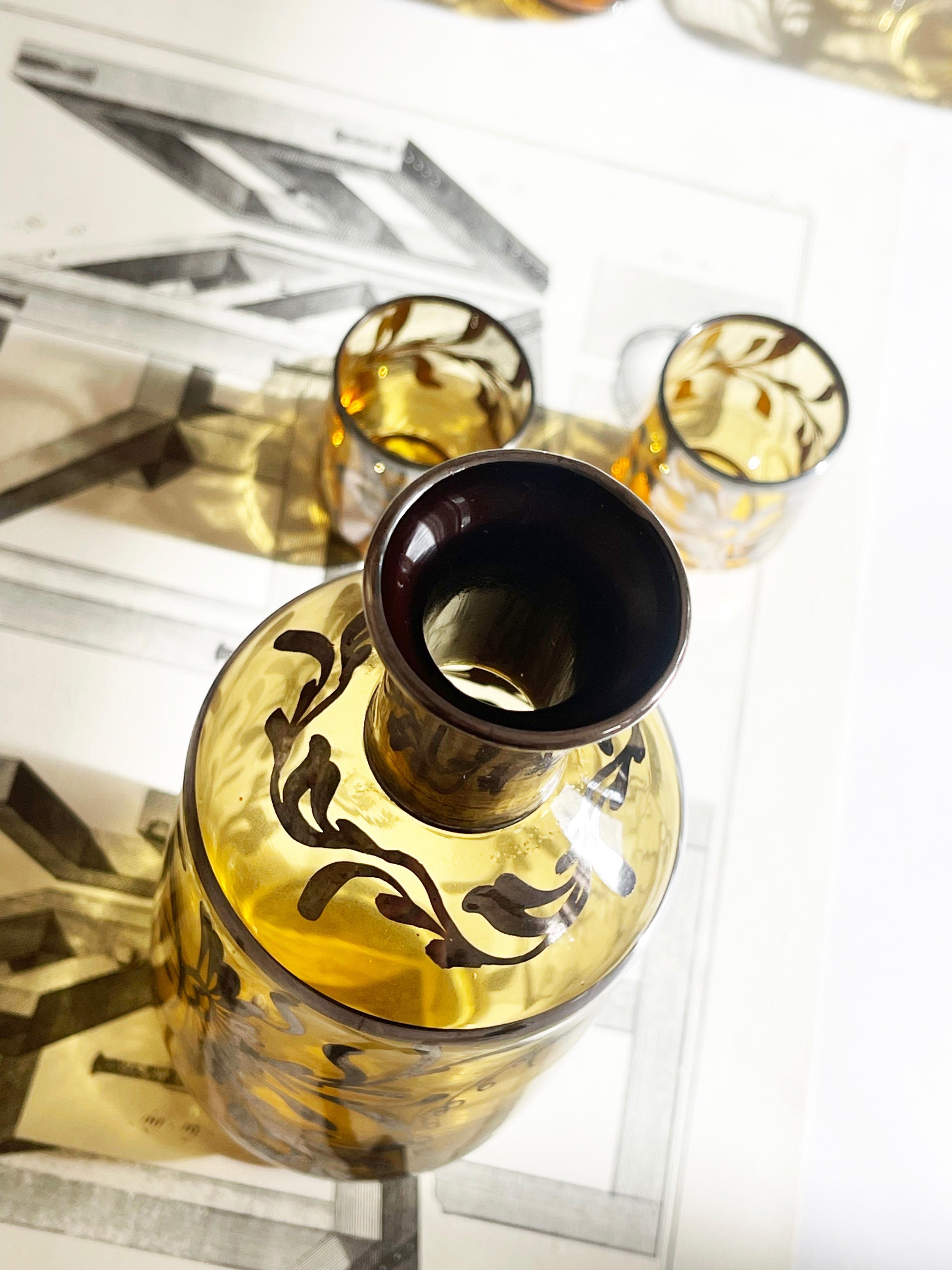 Antike Murano, venezianische Flasche und Gläser Bernstein, 1920er Jahre Likör Bar Set, Silber (Barock) im Angebot