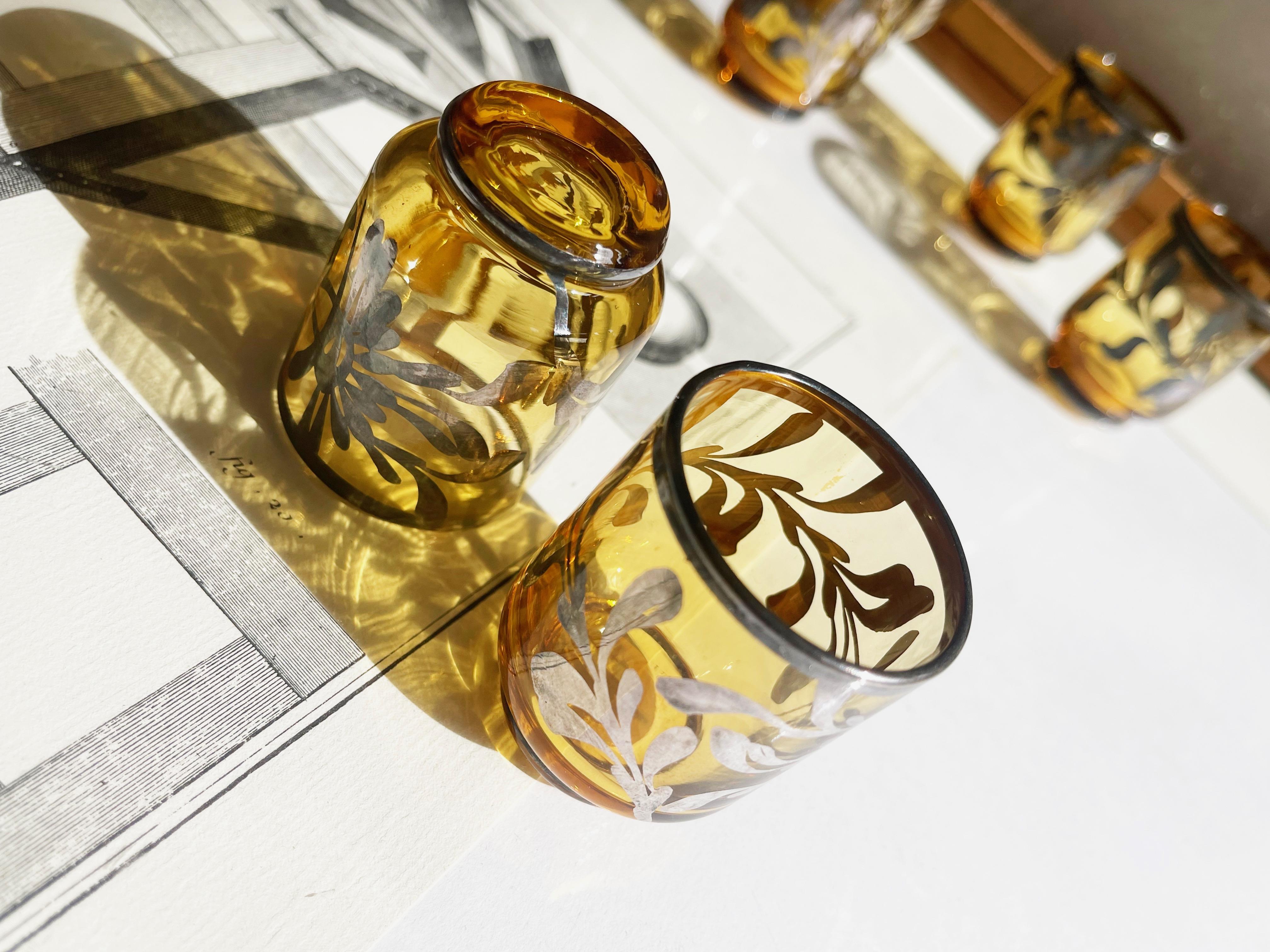 Antike Murano, venezianische Flasche und Gläser Bernstein, 1920er Jahre Likör Bar Set, Silber (Italienisch) im Angebot