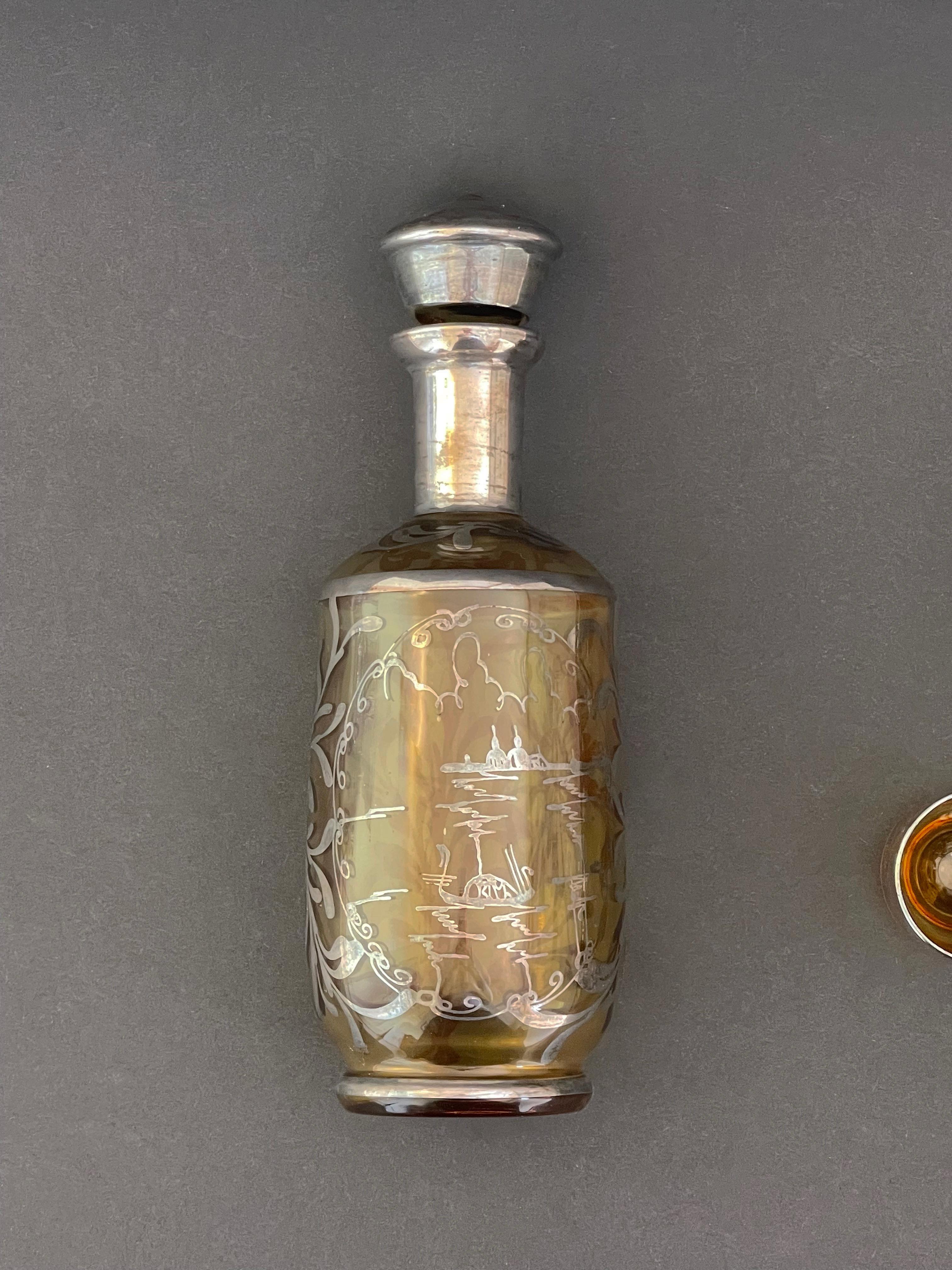 Antike Murano, venezianische Flasche und Gläser Bernstein, 1920er Jahre Likör Bar Set, Silber (Handgefertigt) im Angebot