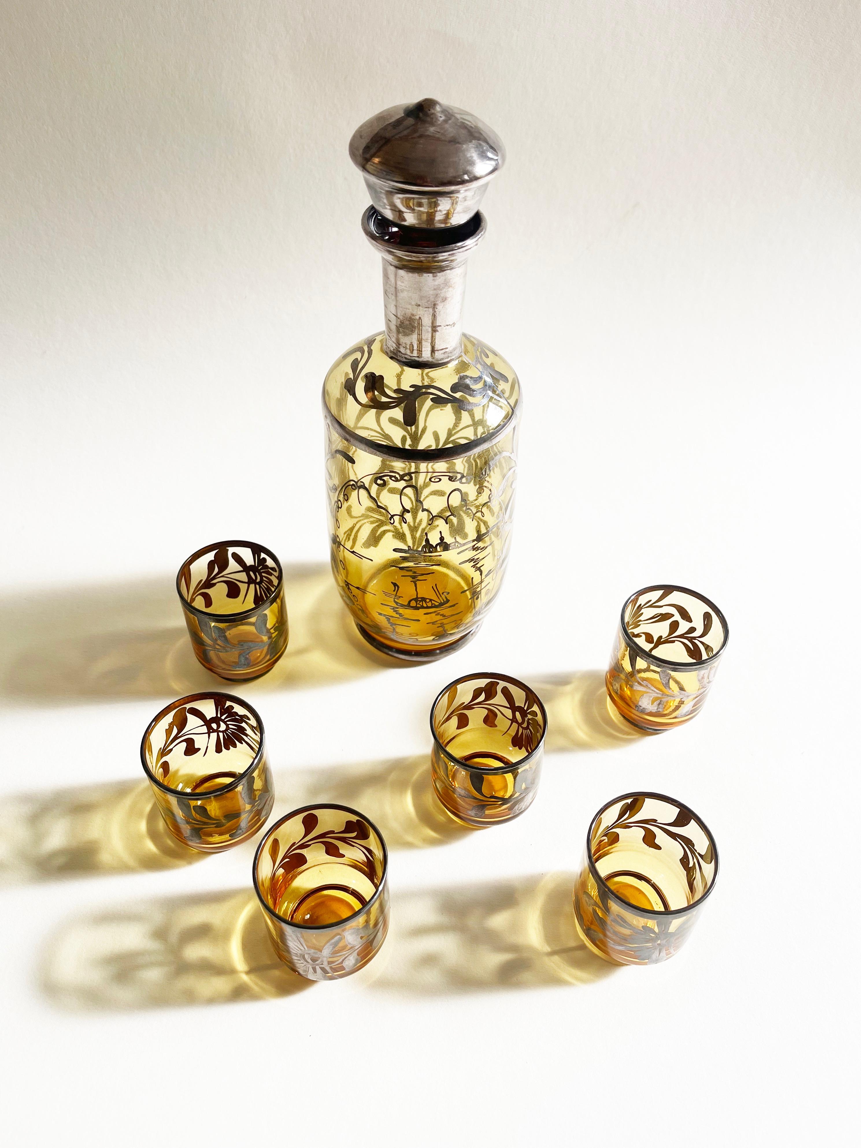 Antike Murano, venezianische Flasche und Gläser Bernstein, 1920er Jahre Likör Bar Set, Silber (Glaskunst) im Angebot