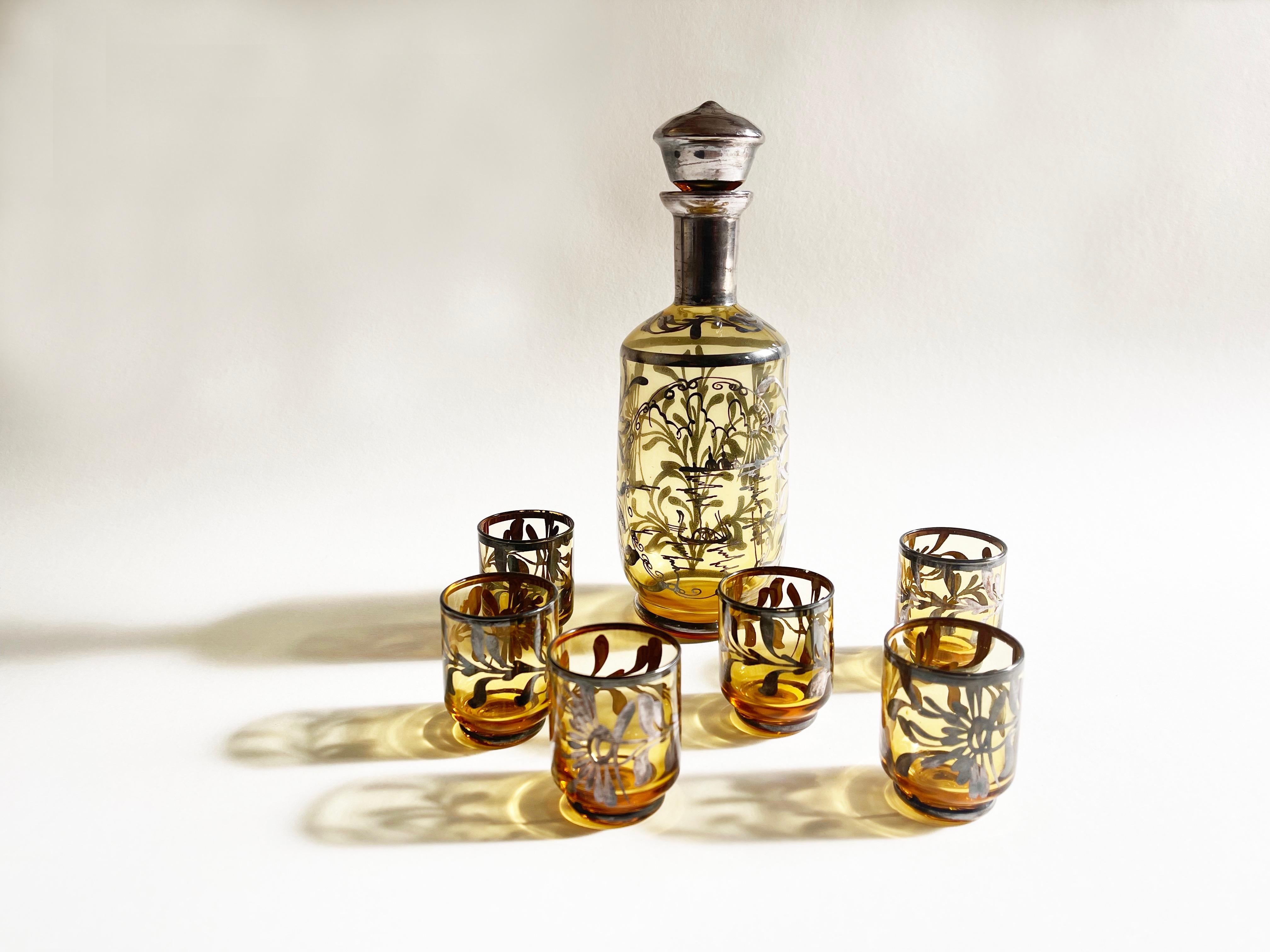 Antike Murano, venezianische Flasche und Gläser Bernstein, 1920er Jahre Likör Bar Set, Silber im Angebot 1