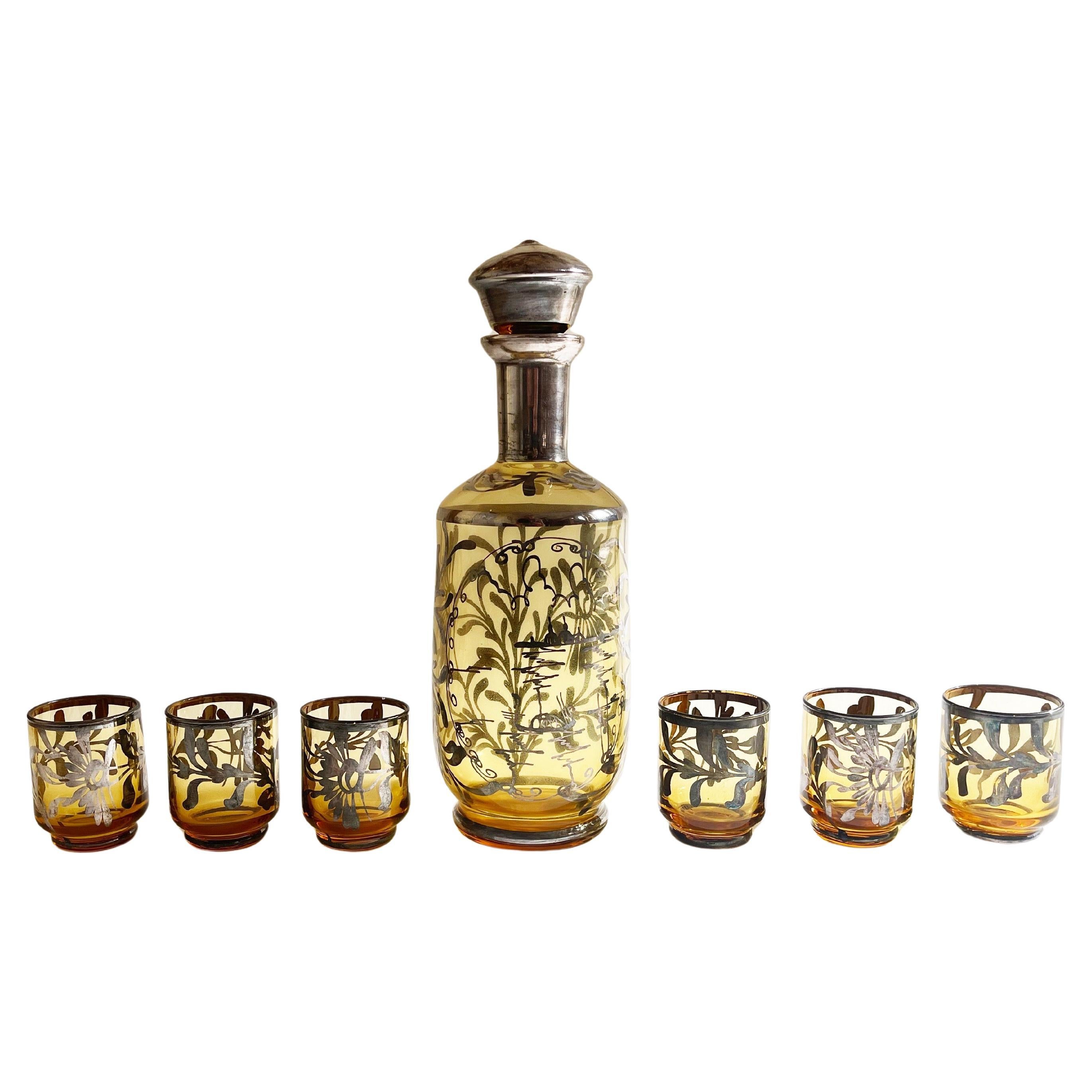 Antike Murano, venezianische Flasche und Gläser Bernstein, 1920er Jahre Likör Bar Set, Silber im Angebot