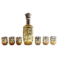 Antique Murano, Venetian Bottle and Glasses Amber, 1920s Liquor Bar Set, Silver