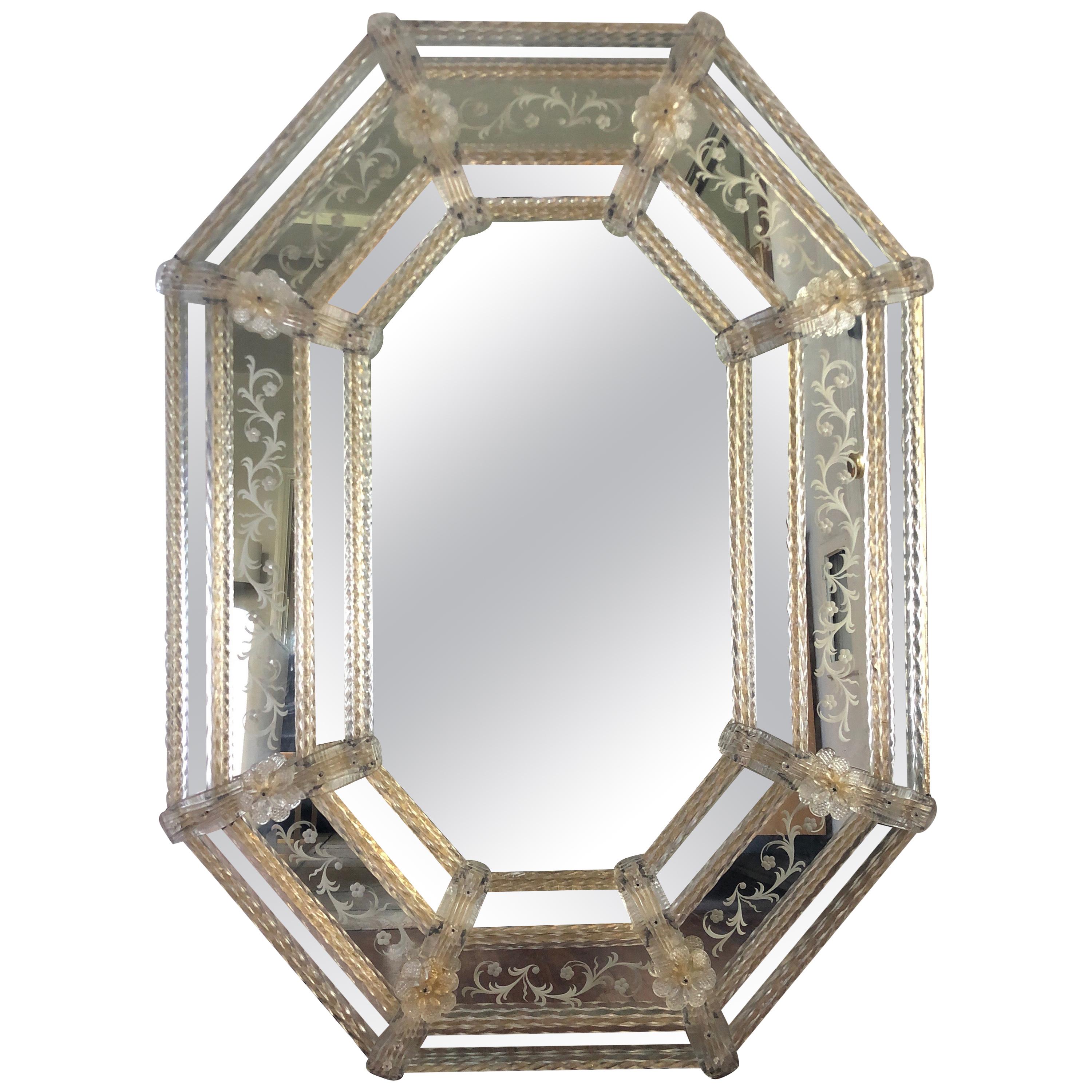 Antique Murano Venetian Glass with Gold Leaf Octagonal Mirror
