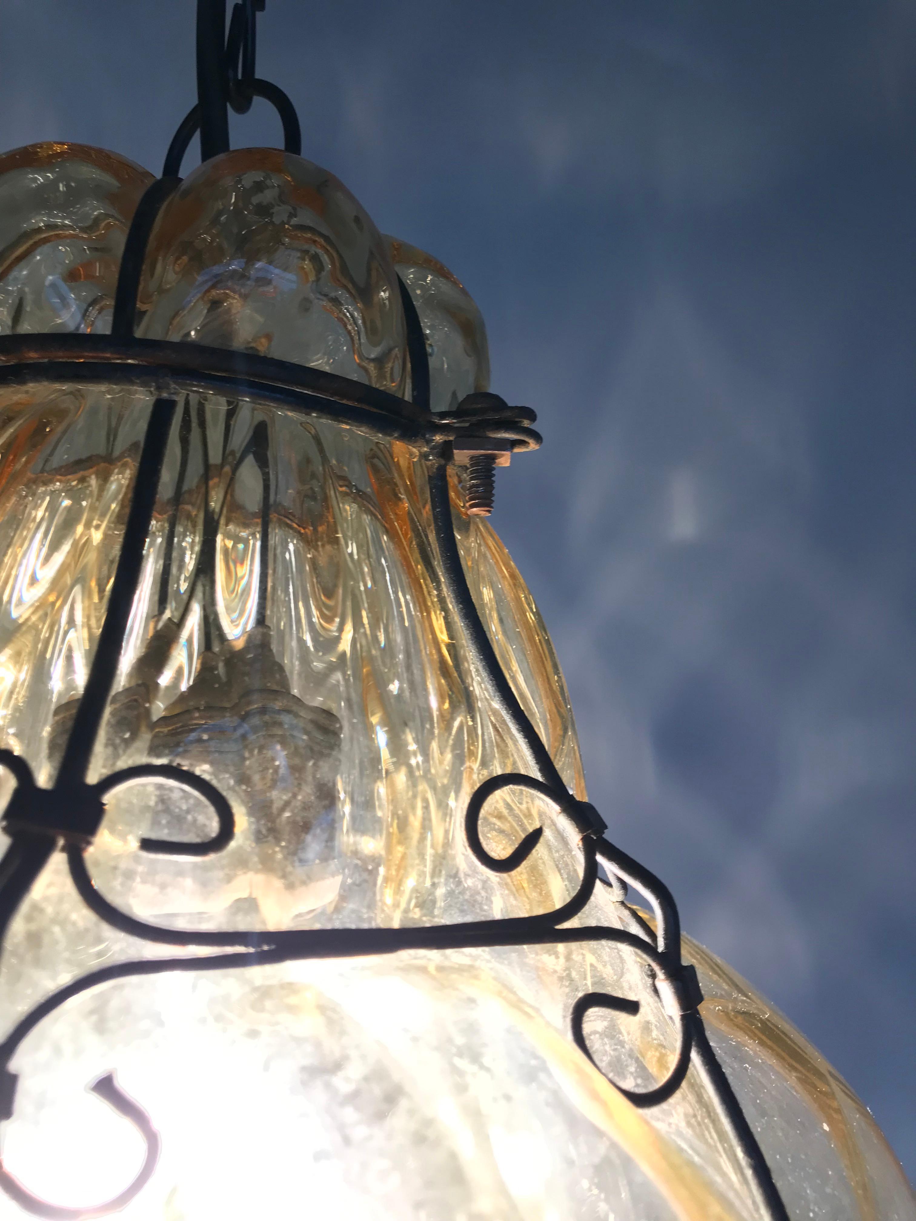 Antique Murano Venetian Mouthblown Amber Glass in Metal Frame Pendant Light  5