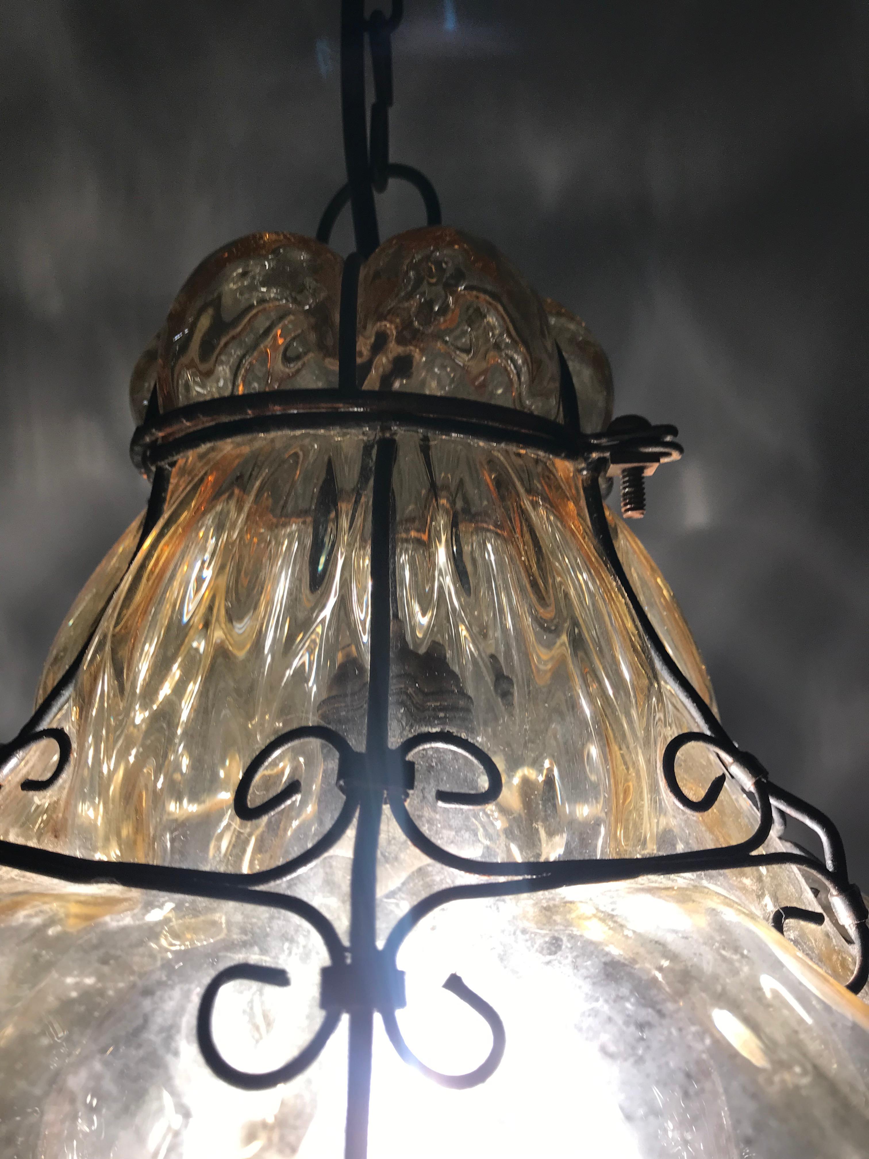 Antique Murano Venetian Mouthblown Amber Glass in Metal Frame Pendant Light  11