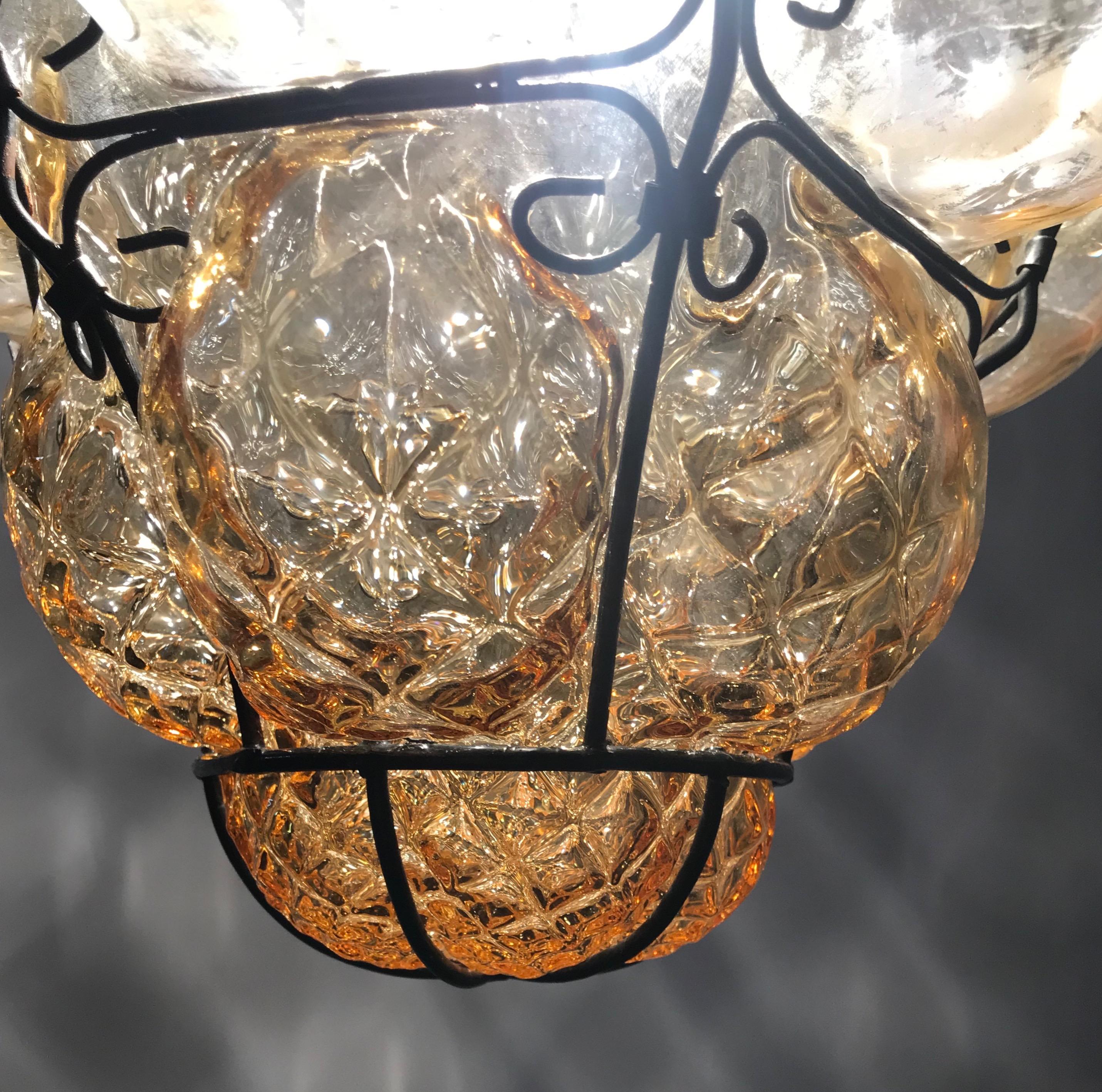 Antique Murano Venetian Mouthblown Amber Glass in Metal Frame Pendant Light  12